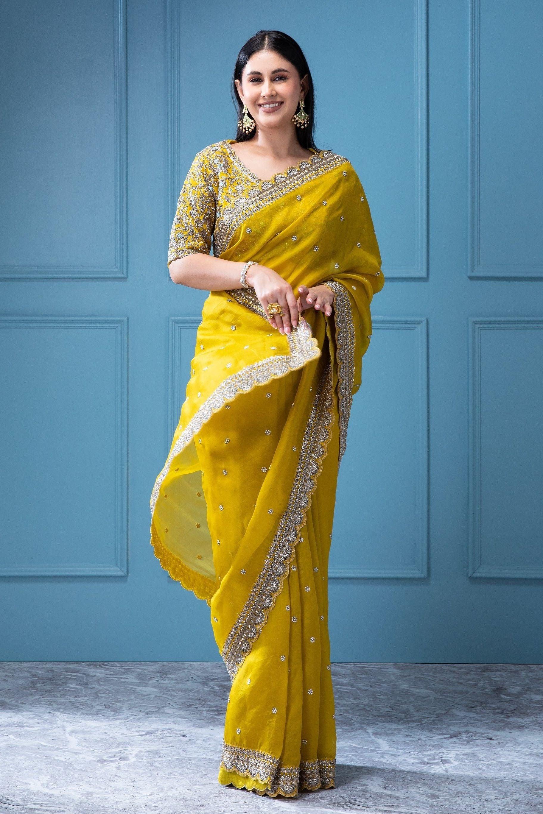Mustard Yellow Organza Saree with Aari Pearl Work - Mokshaa