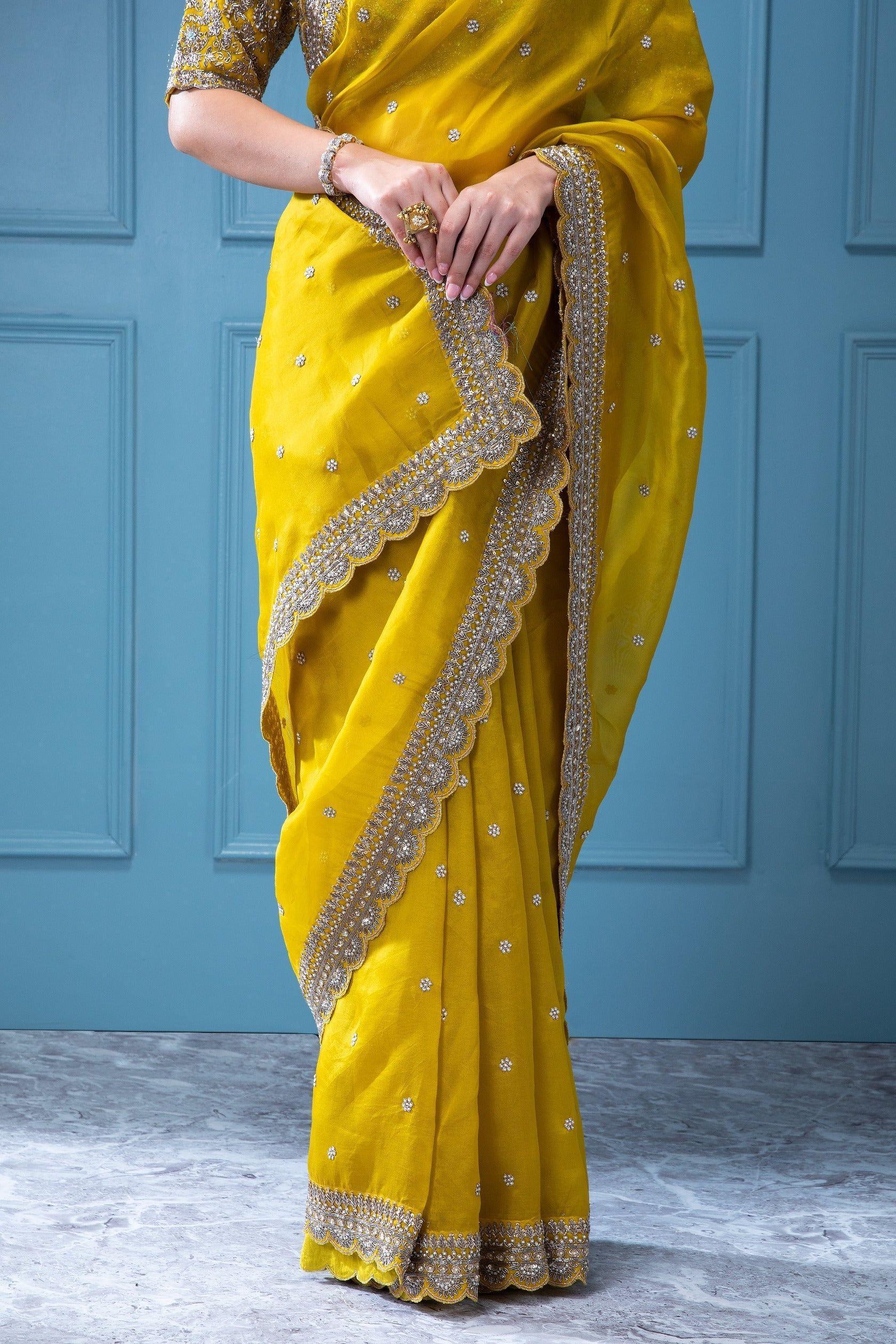 Mustard Yellow Organza Saree with Aari Pearl Work - Mokshaa