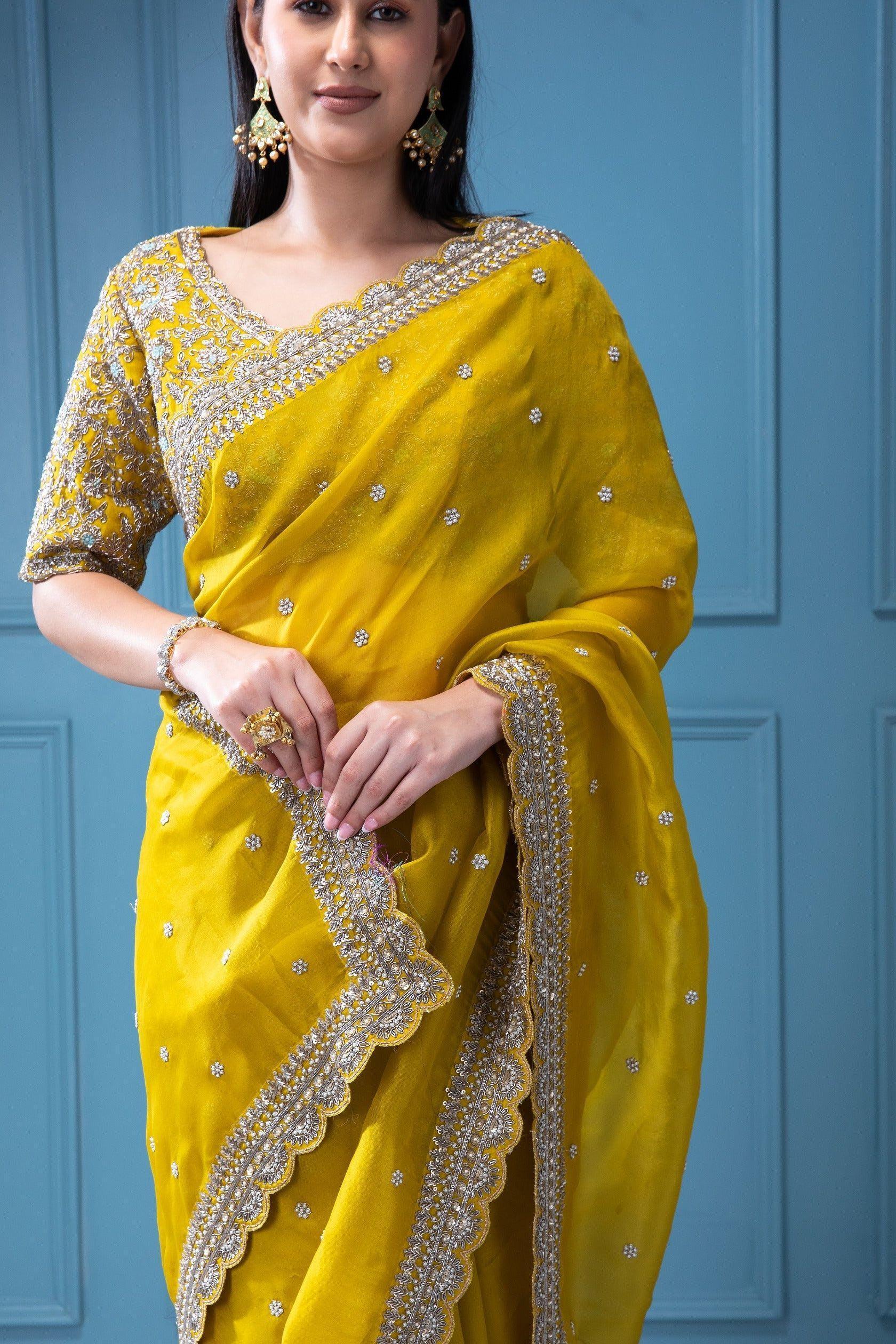Mustard Yellow Organza Saree with Aari Pearl Work - Mokshaa