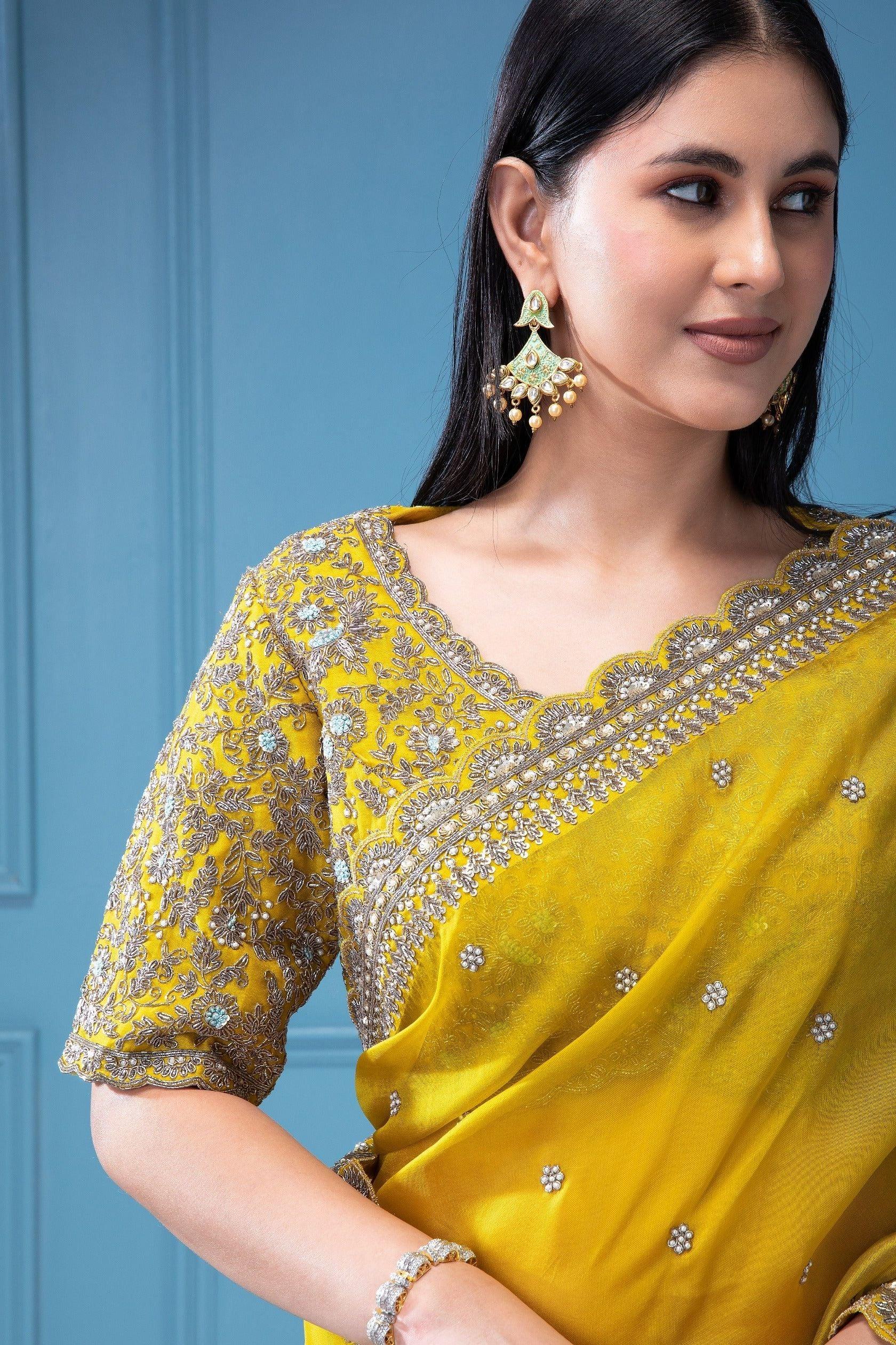 Mustard Yellow Organza Saree with Aari Pearl Work - Mokshaa