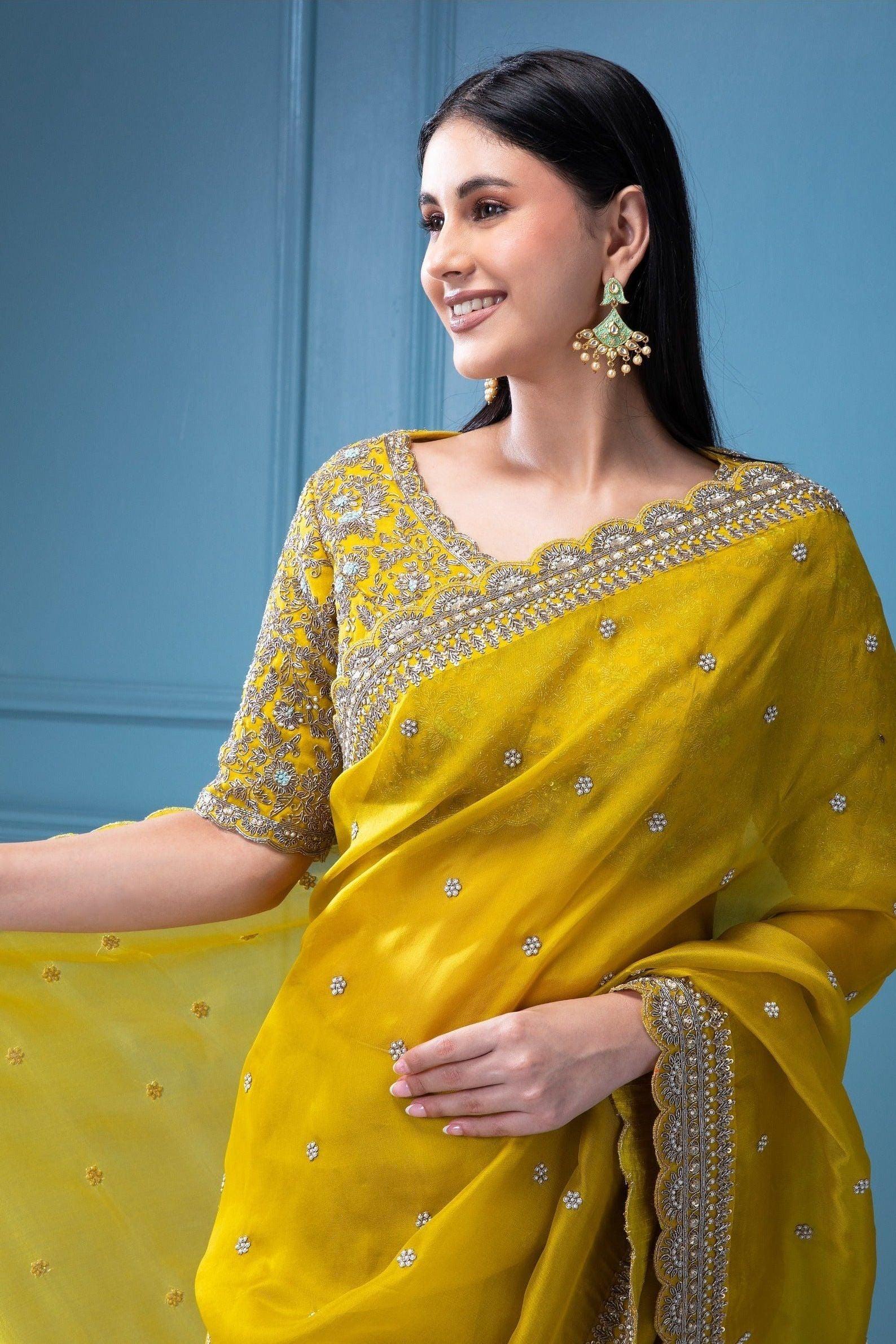 Mustard Yellow Organza Saree with Aari Pearl Work - Mokshaa