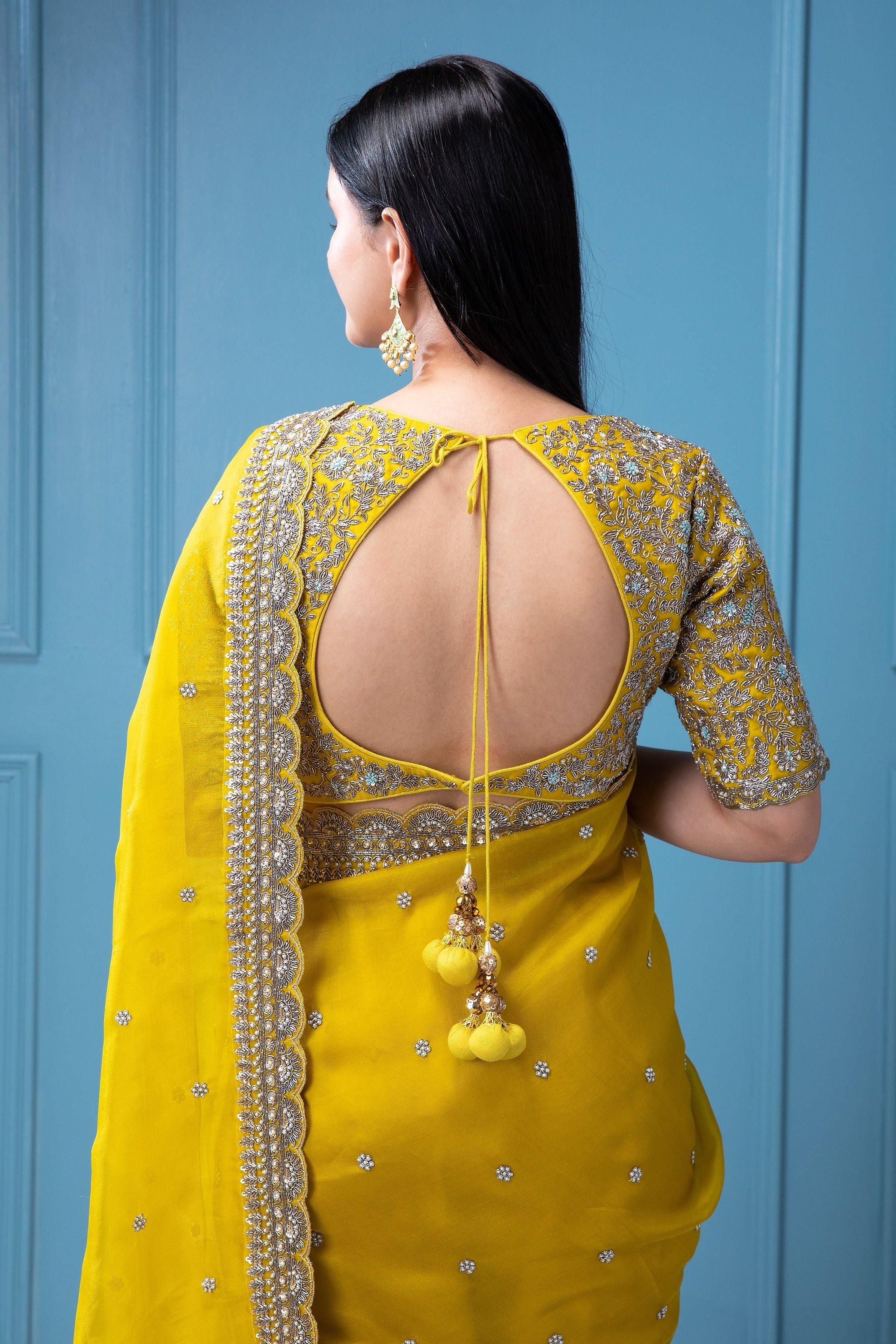 Mustard Yellow Organza Saree with Aari Pearl Work - Mokshaa