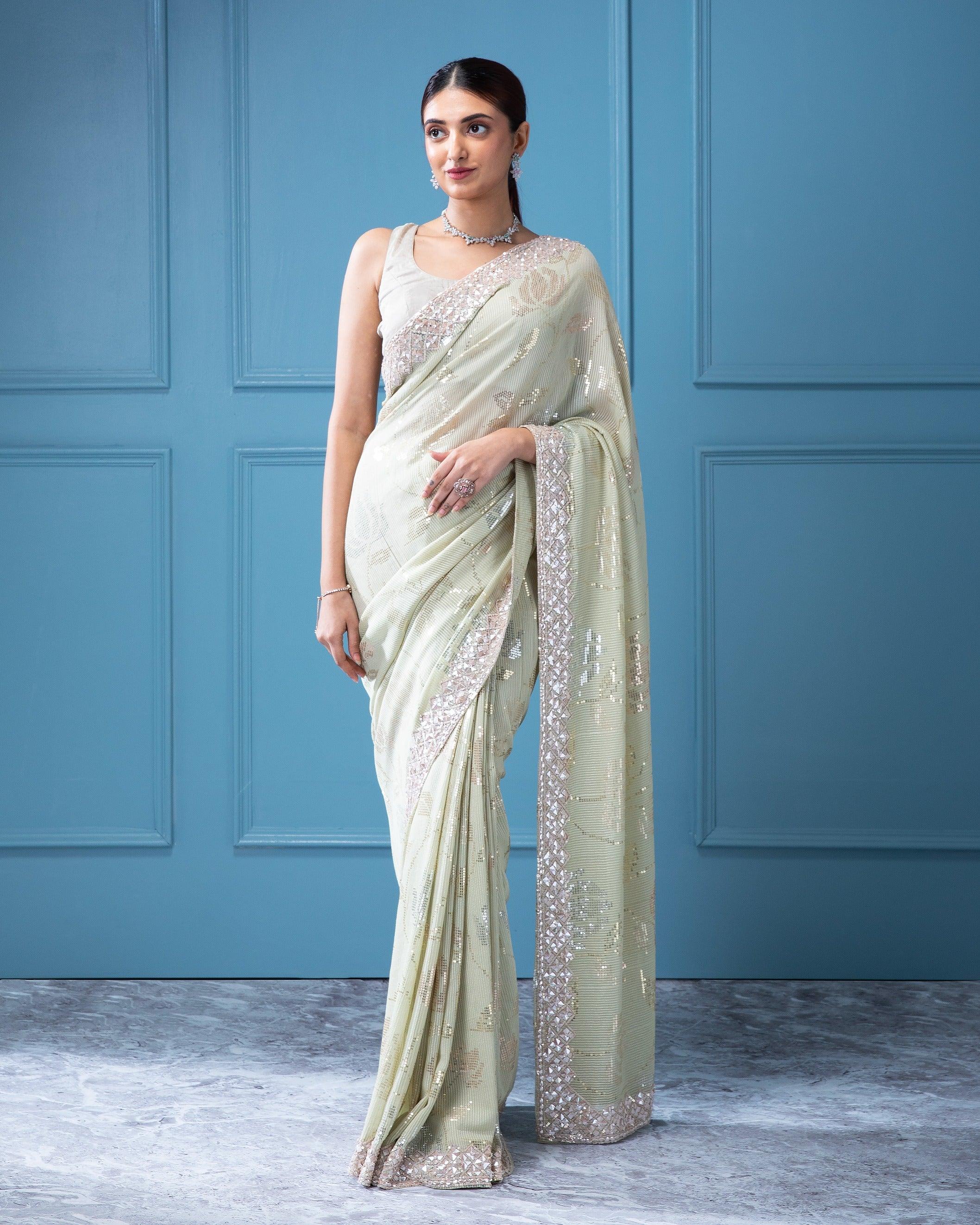 Light Mint Green Georgette Saree with Water Sequins Floral Motif - Mokshaa