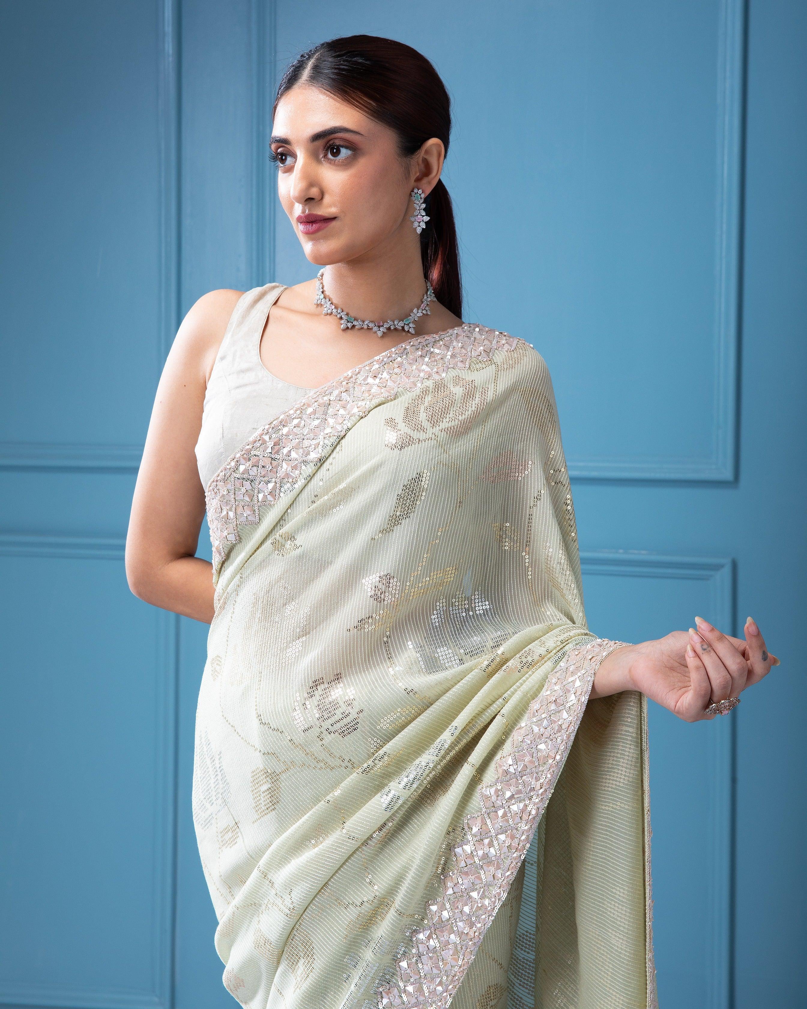 Light Mint Green Georgette Saree with Water Sequins Floral Motif - Mokshaa