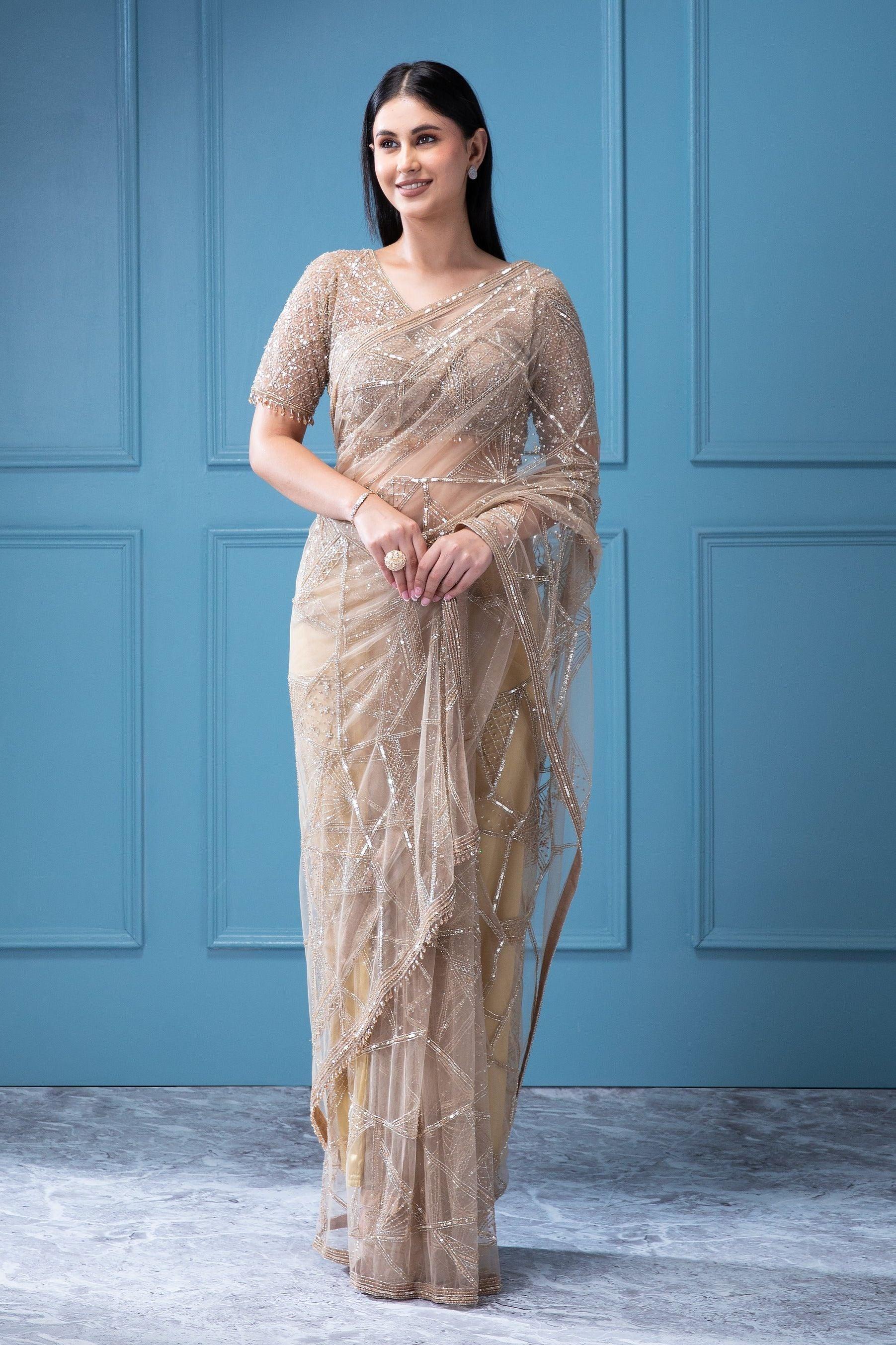 Beige Net Saree with all-over Beads and Sequins Work - Mokshaa