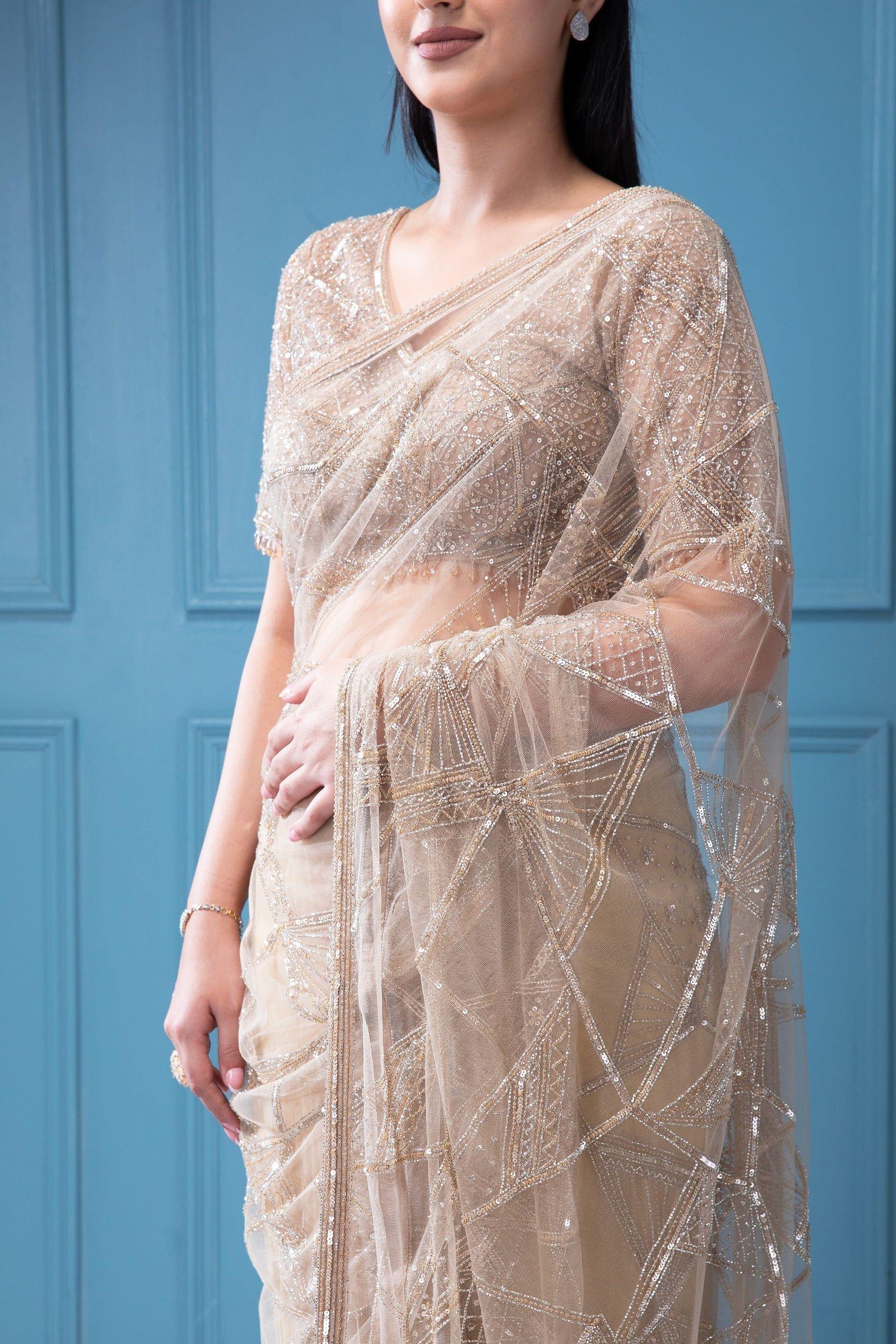 Beige Net Saree with all-over Beads and Sequins Work - Mokshaa