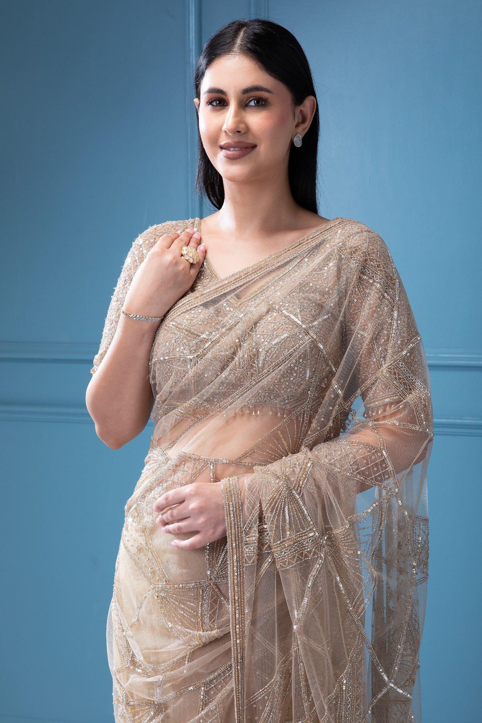 Beige Net Saree with all-over Beads and Sequins Work - Mokshaa