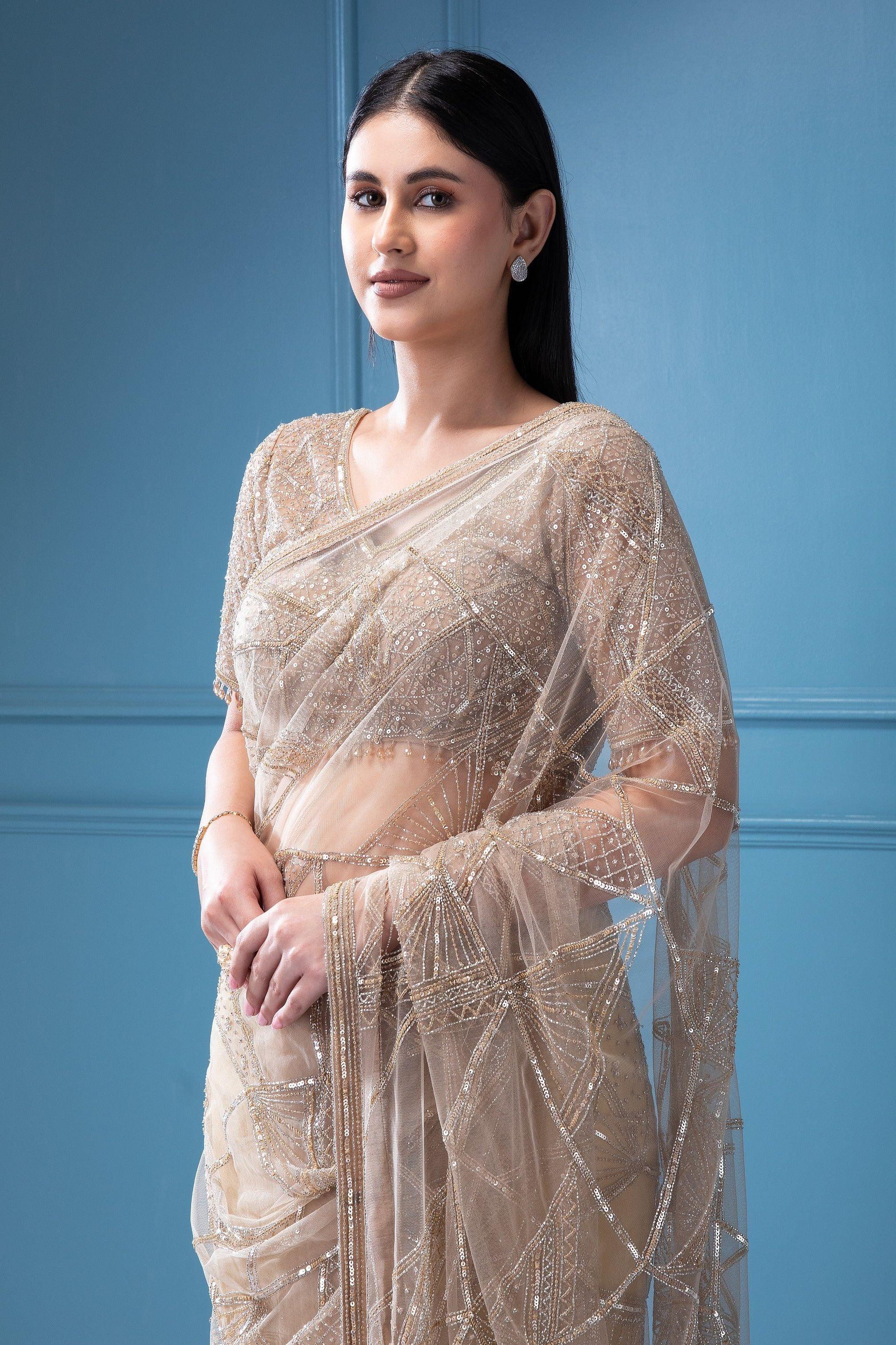 Beige Net Saree with all-over Beads and Sequins Work - Mokshaa