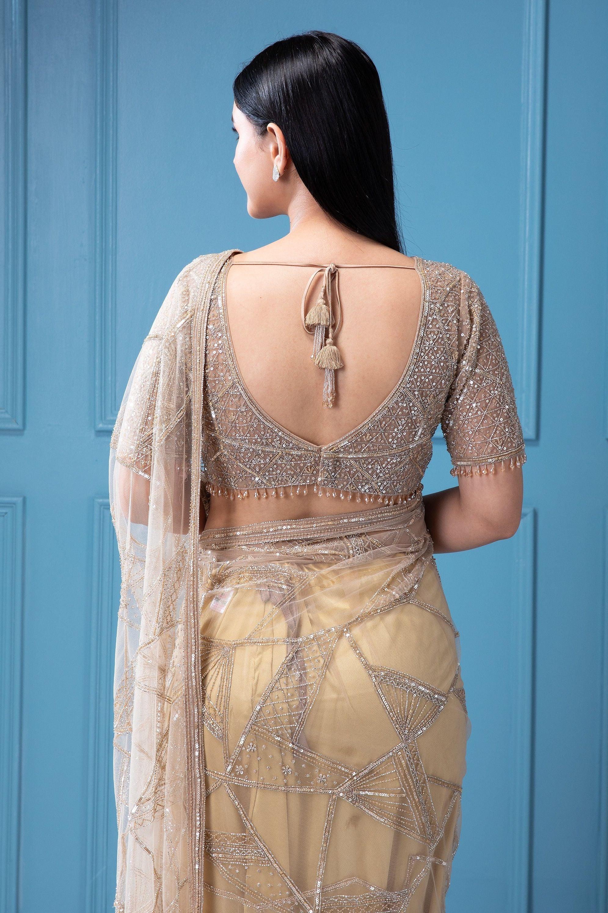 Beige Net Saree with all-over Beads and Sequins Work - Mokshaa