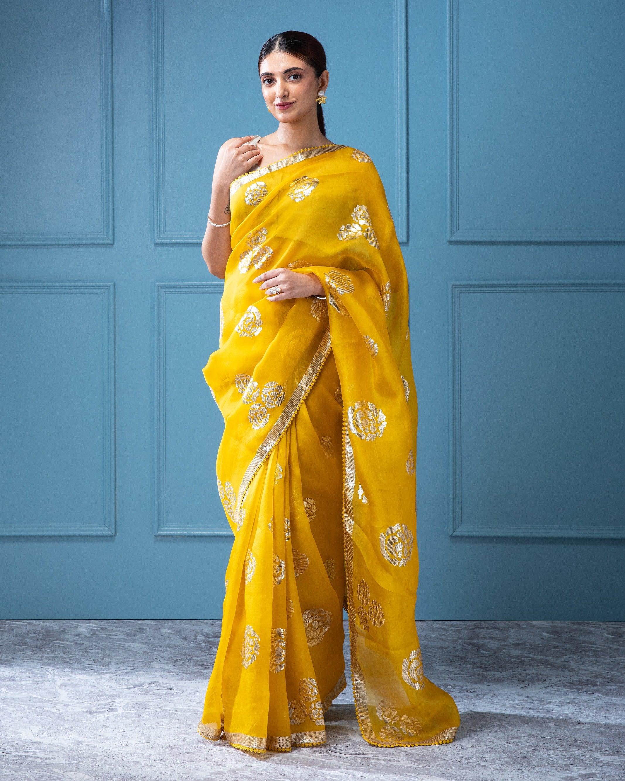 Vibrant Yellow Organza Saree with Sequins Floral Motifs - Mokshaa