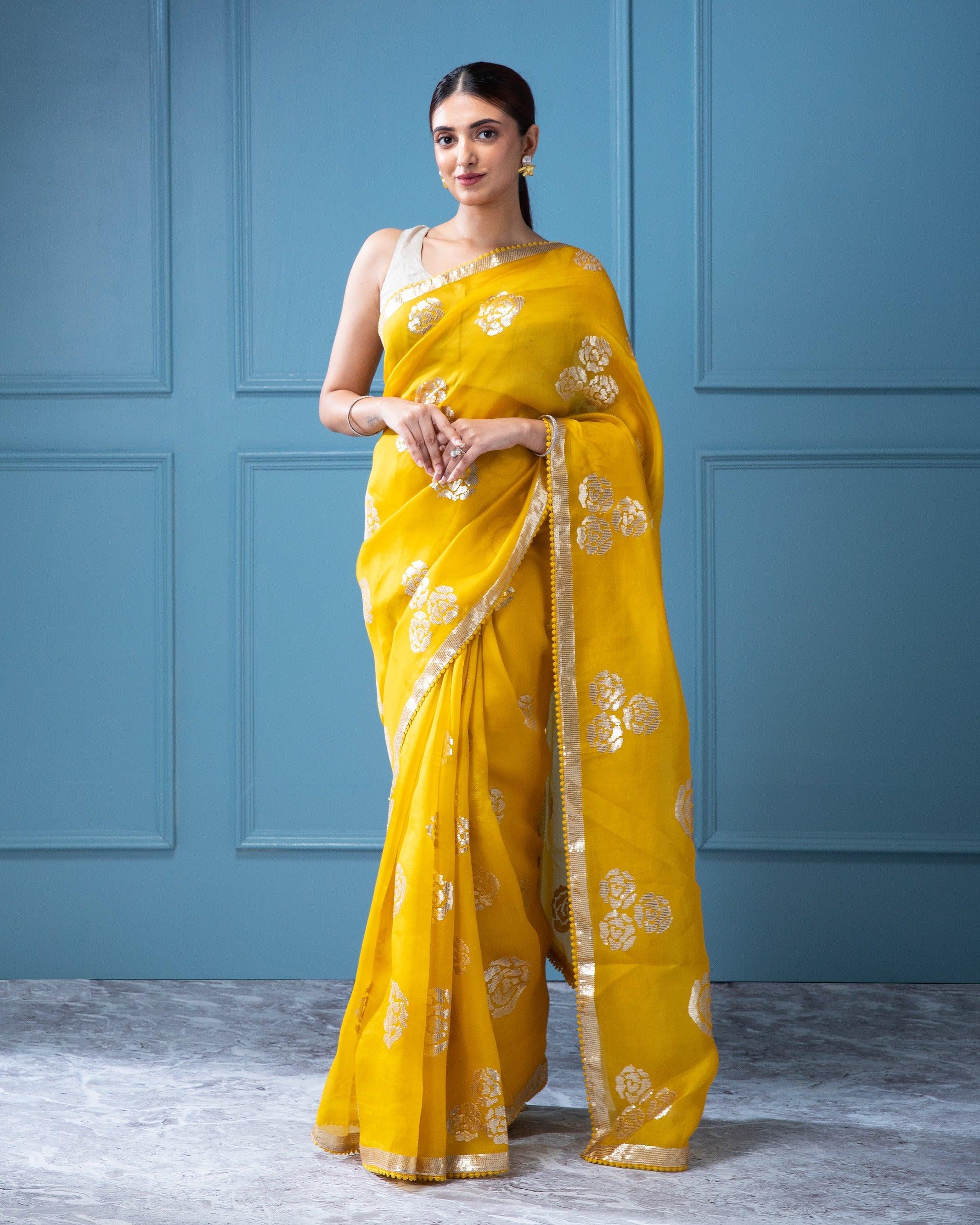 Vibrant Yellow Organza Saree with Sequins Floral Motifs - Mokshaa