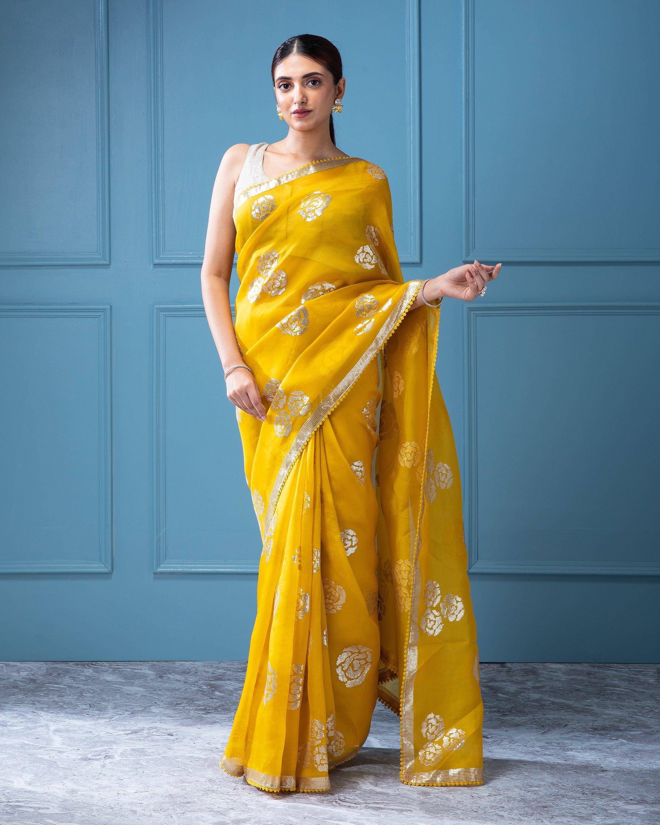 Vibrant Yellow Organza Saree with Sequins Floral Motifs - Mokshaa