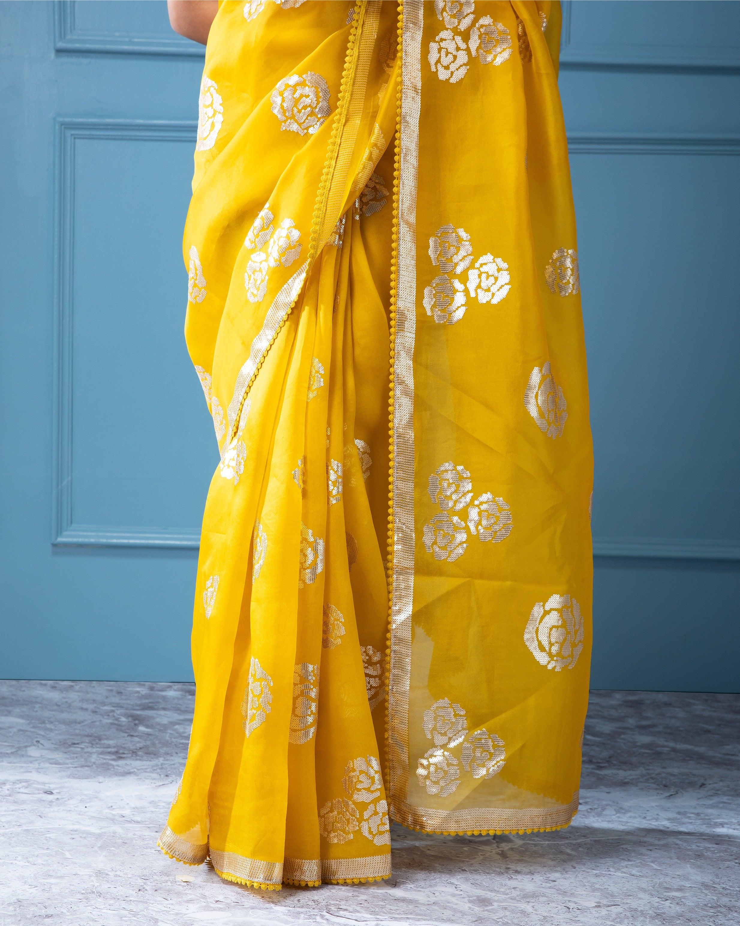 Vibrant Yellow Organza Saree with Sequins Floral Motifs - Mokshaa
