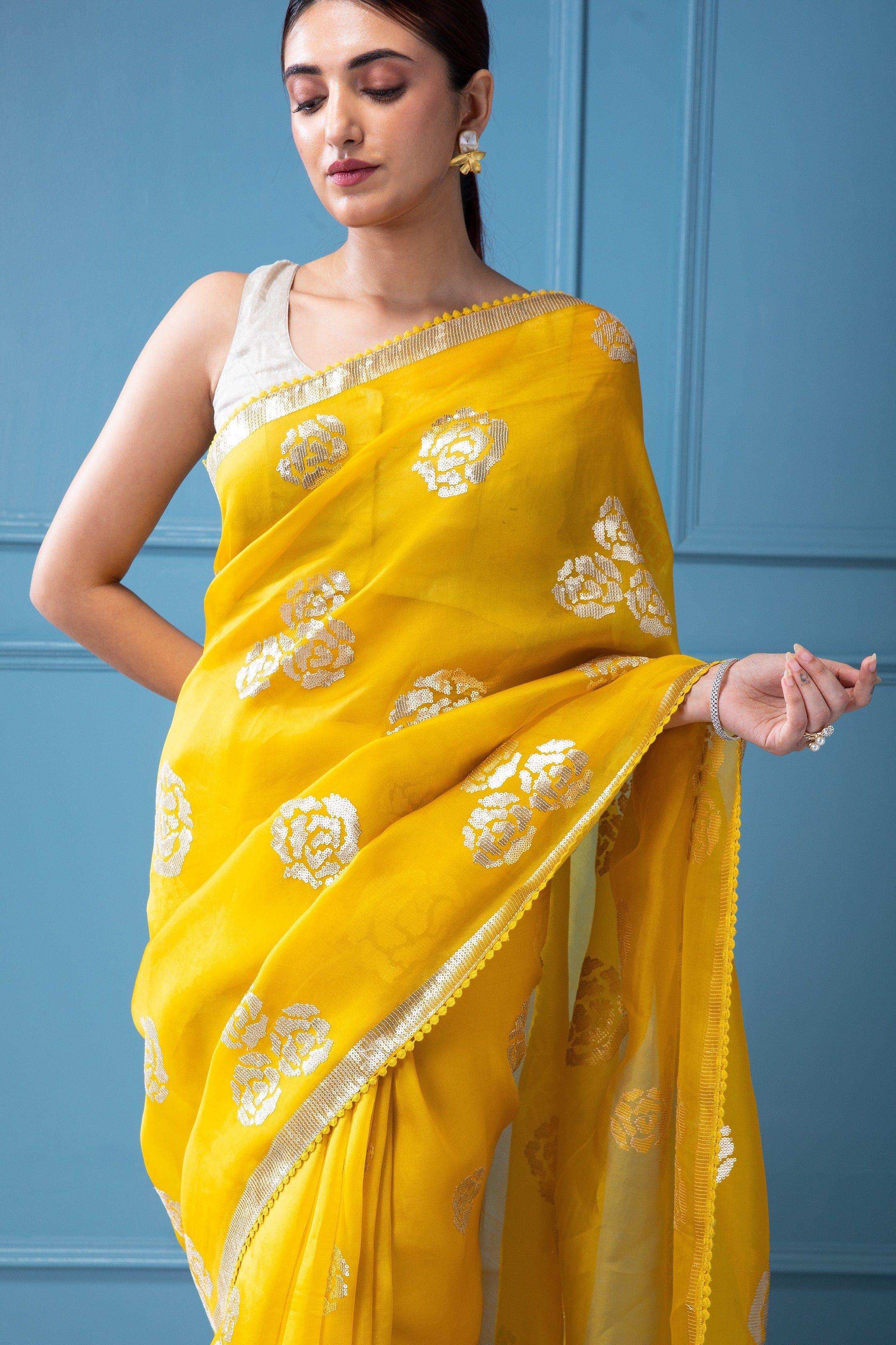 Vibrant Yellow Organza Saree with Sequins Floral Motifs - Mokshaa