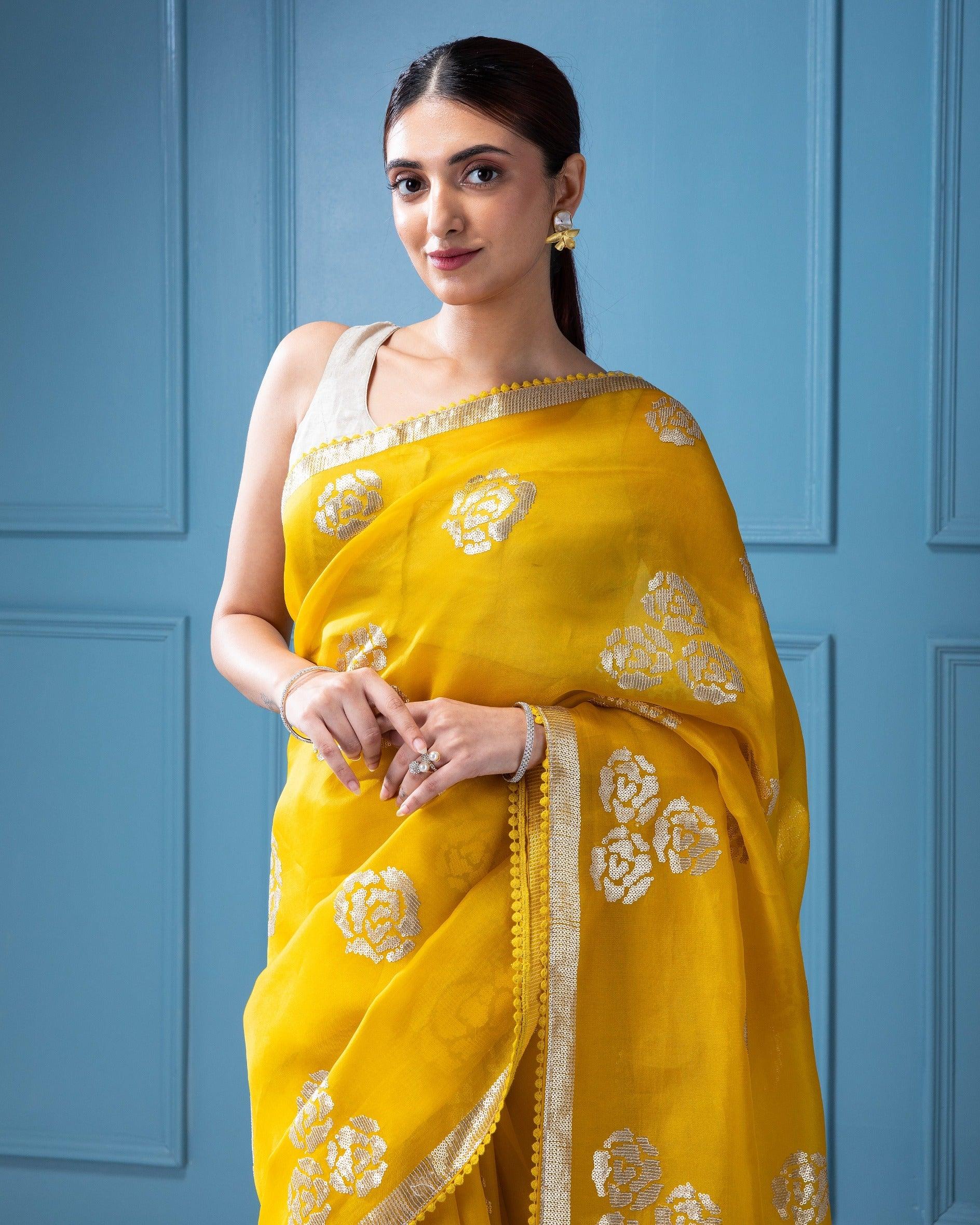 Vibrant Yellow Organza Saree with Sequins Floral Motifs - Mokshaa