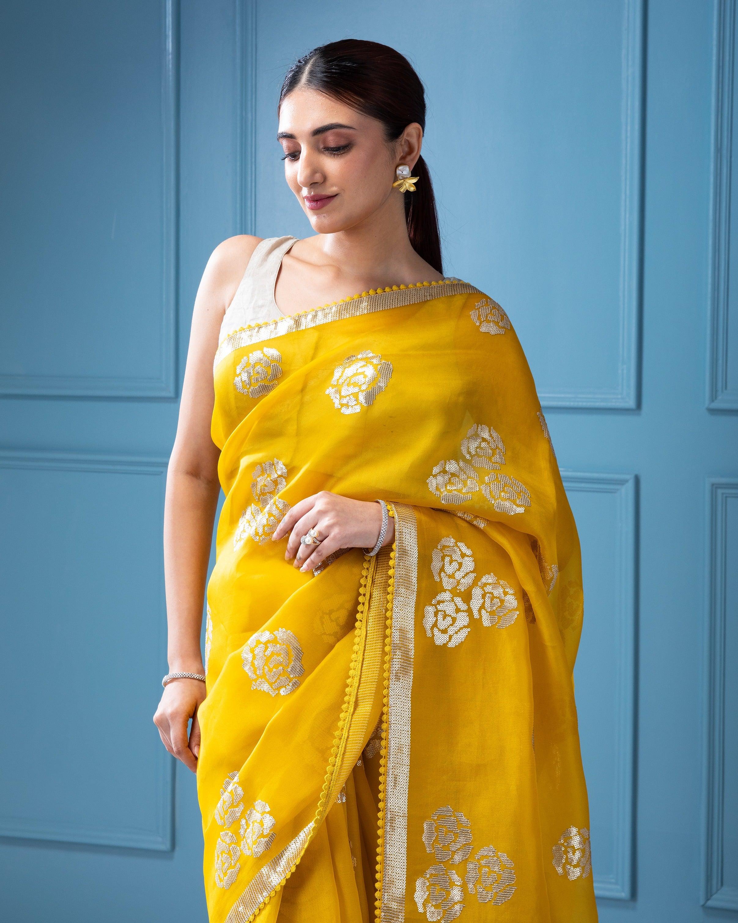 Vibrant Yellow Organza Saree with Sequins Floral Motifs - Mokshaa