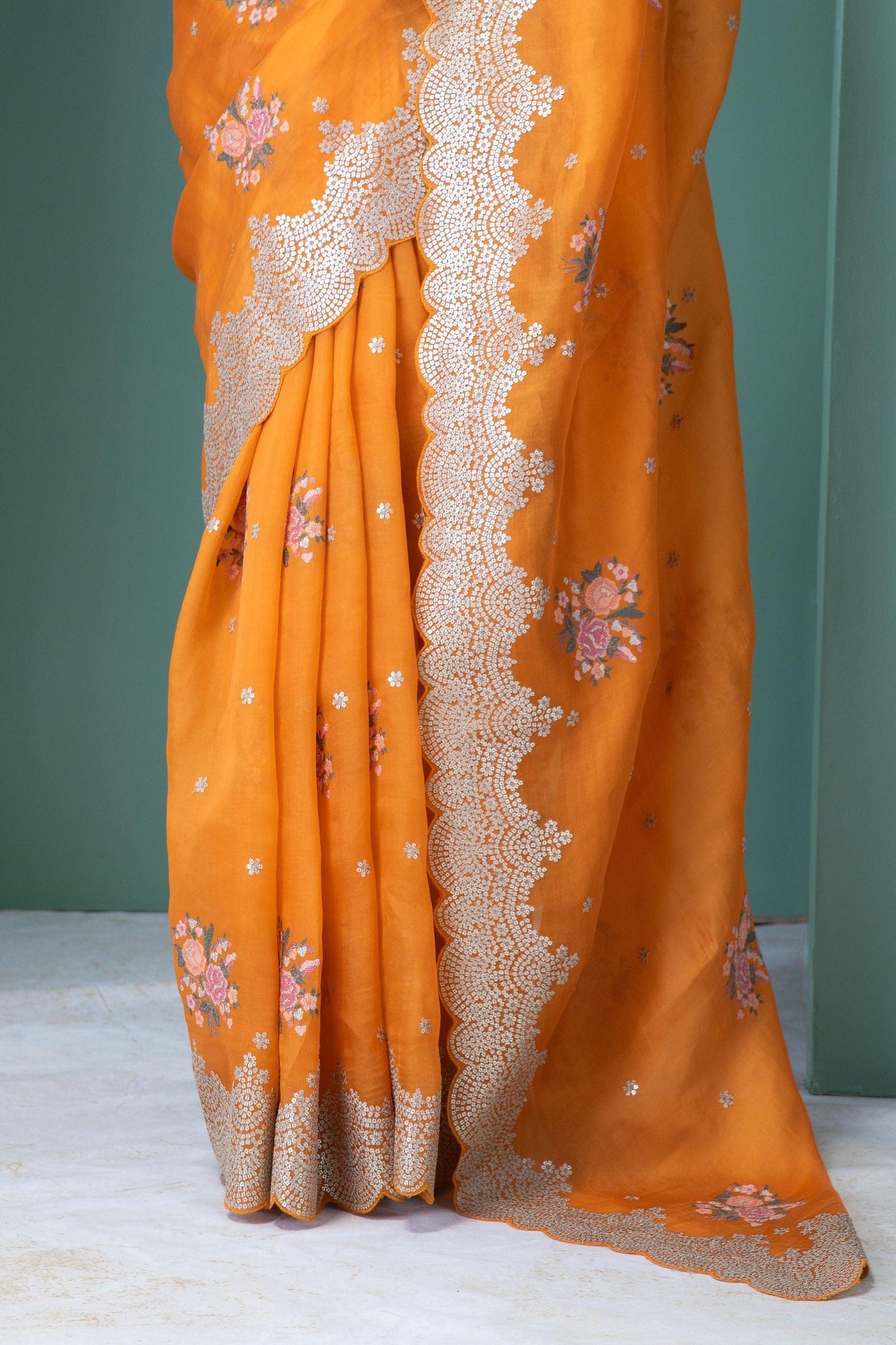 Orange Organza Saree with Floral Embroidery and Sequins Scallop Border - Mokshaa