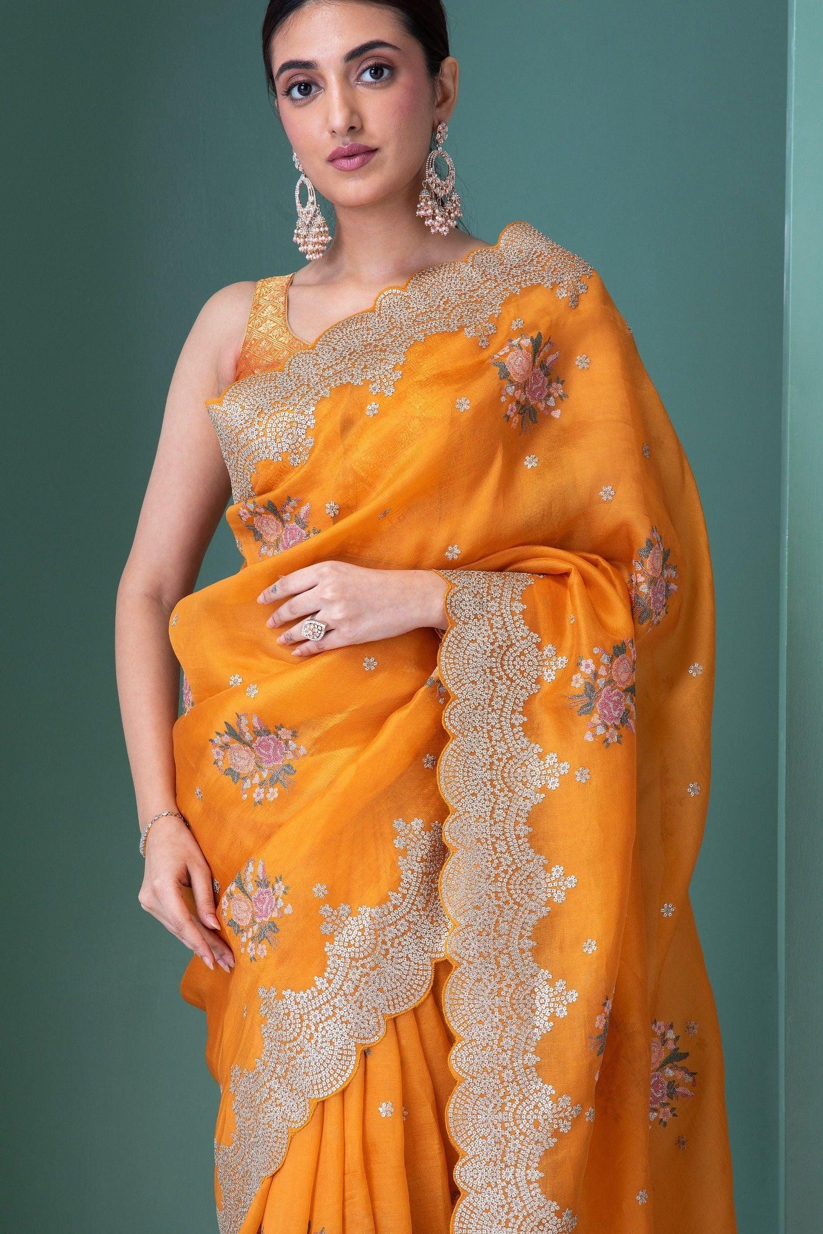 Orange Organza Saree with Floral Embroidery and Sequins Scallop Border - Mokshaa