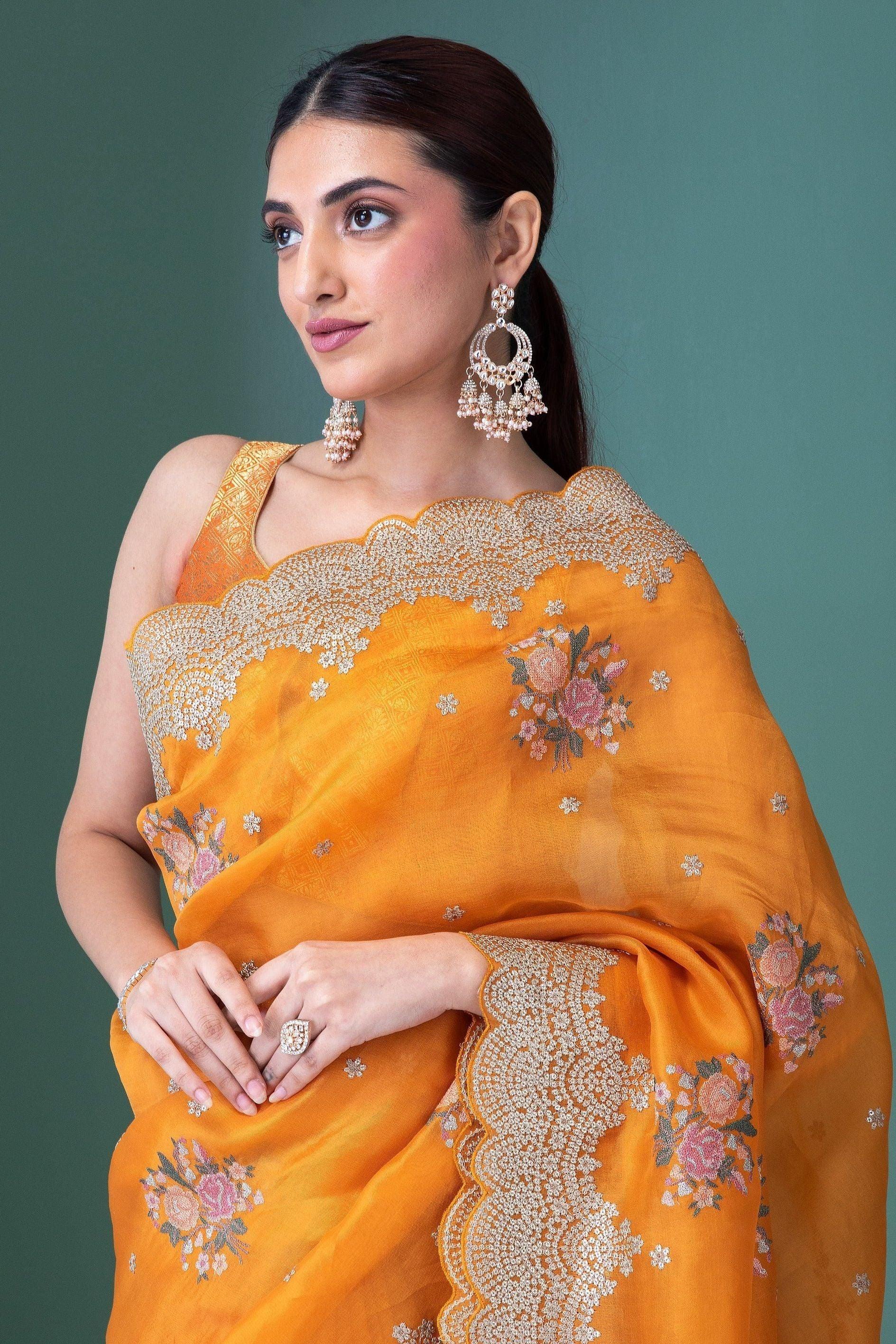 Orange Organza Saree with Floral Embroidery and Sequins Scallop Border - Mokshaa