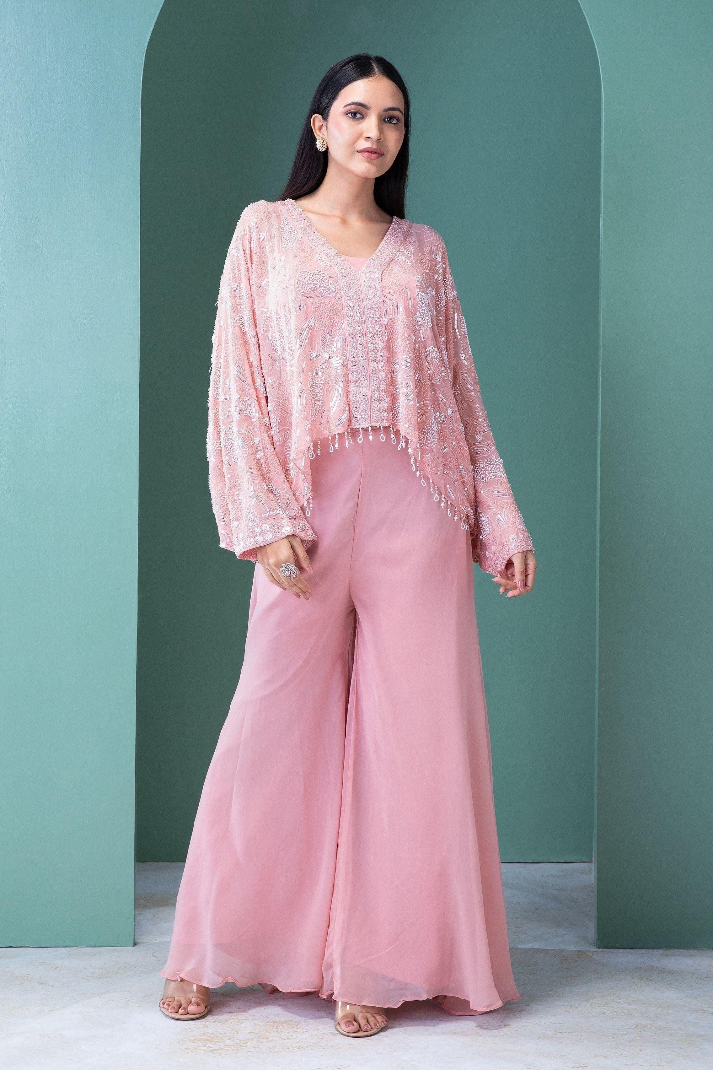 Blush Pink Georgette Top and Palazzo Set - Mokshaa