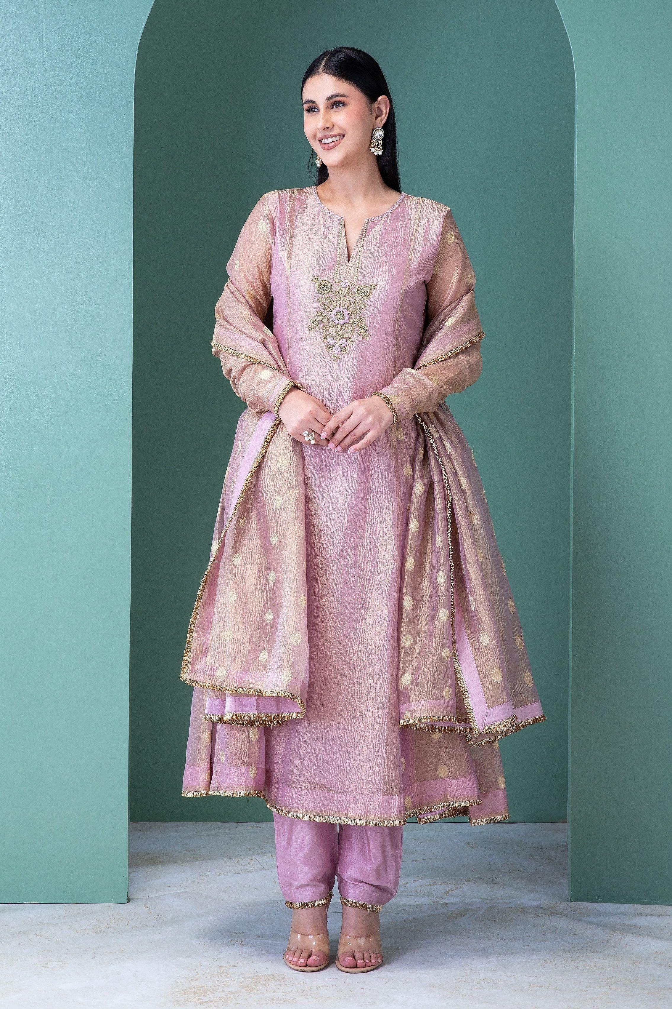 Blush Pink Banarasi Tissue Anarkali Set - Mokshaa