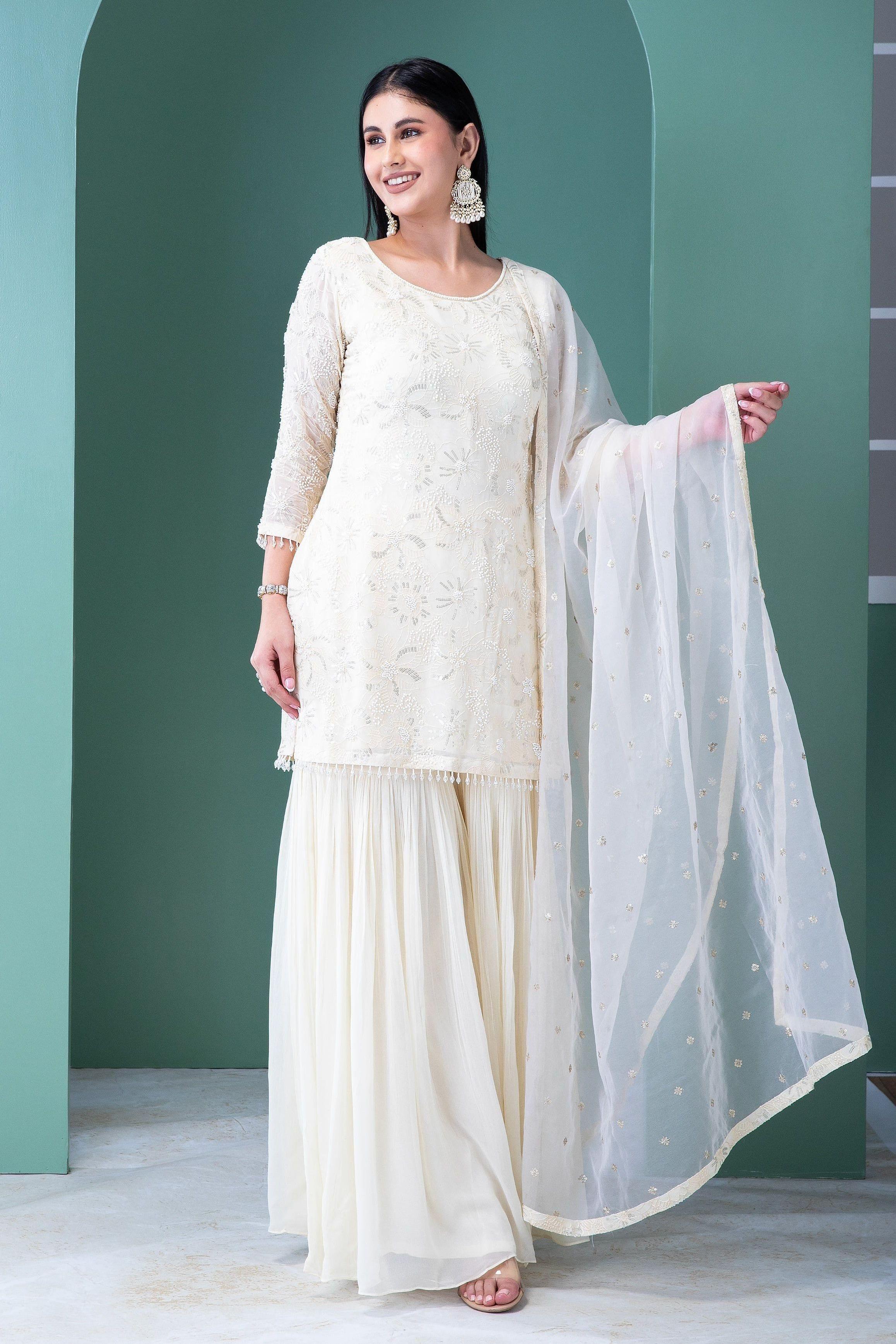 Ivory Georgette Sharara Set - Mokshaa