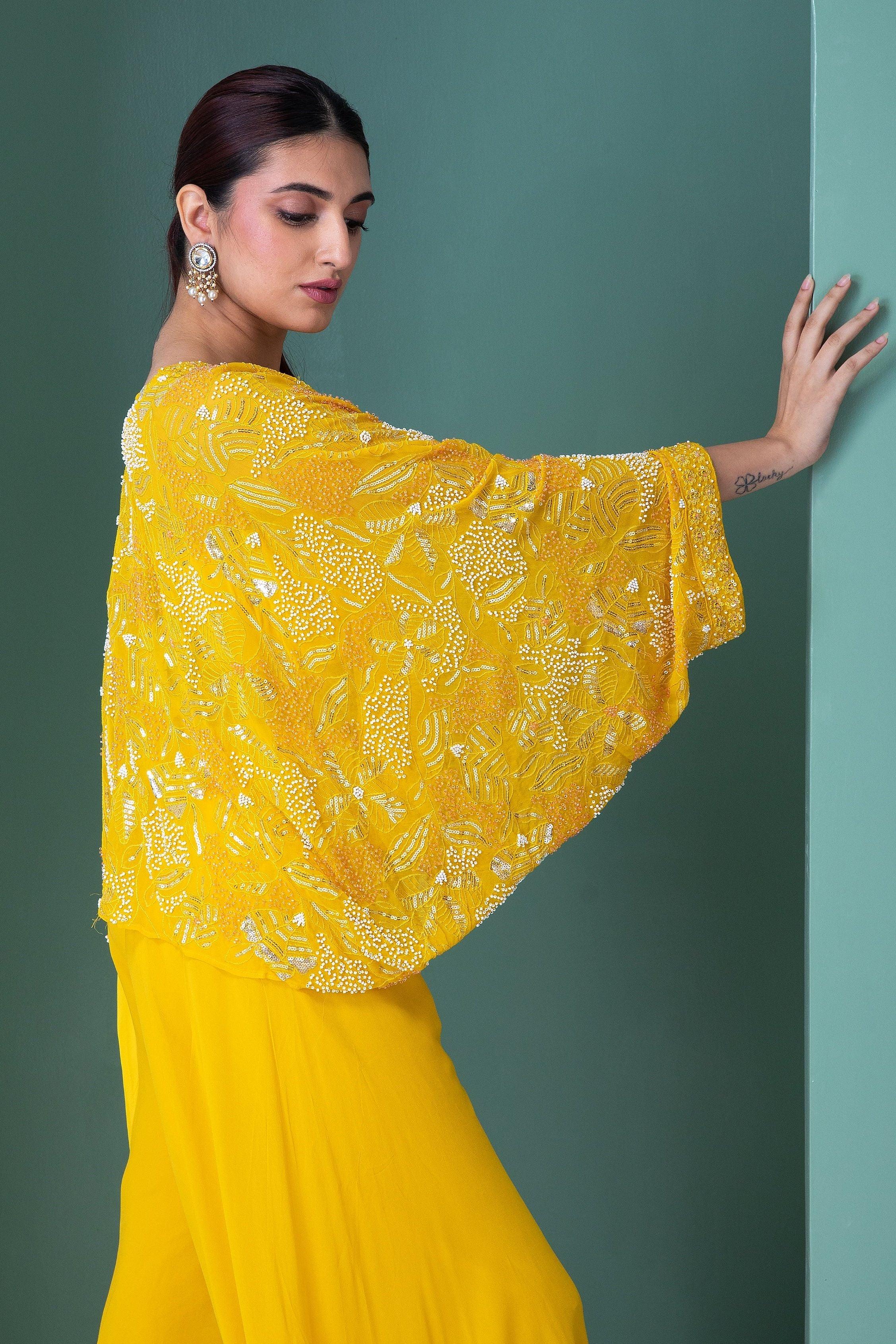 Bright Yellow Georgette Indo-Western Set - Mokshaa