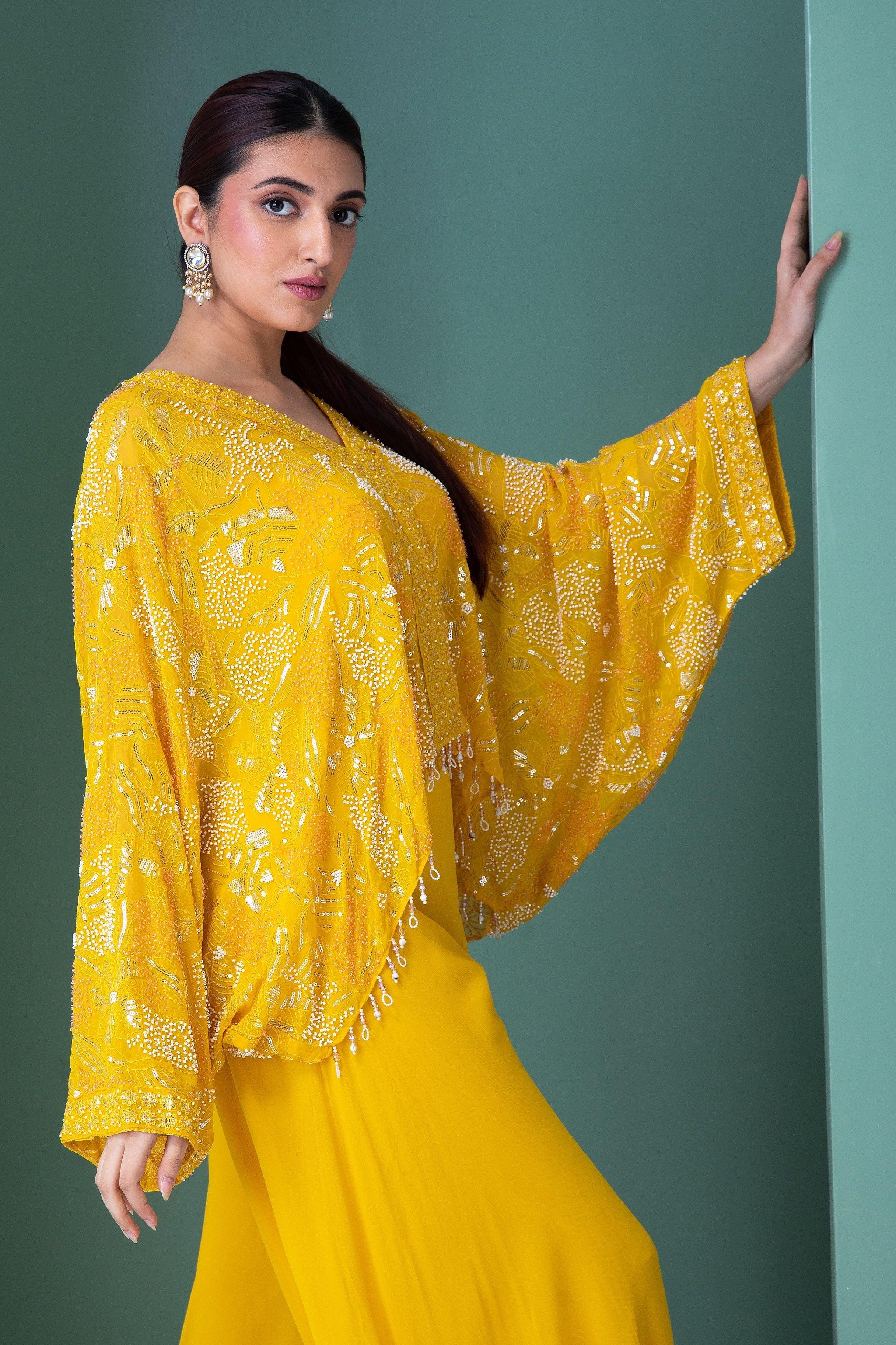 Bright Yellow Georgette Indo-Western Set - Mokshaa
