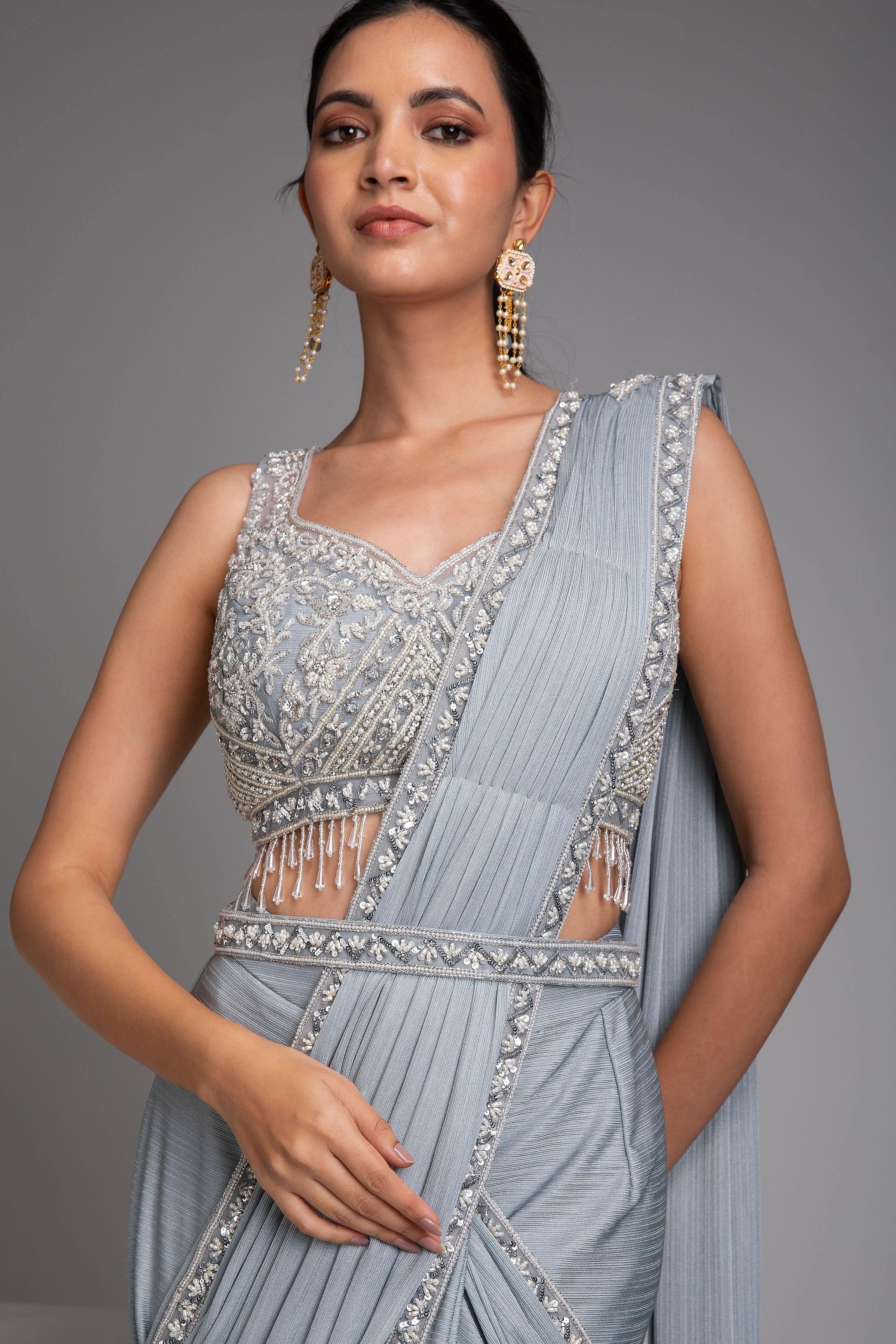Ice Blue Draped Saree Set - Mokshaa