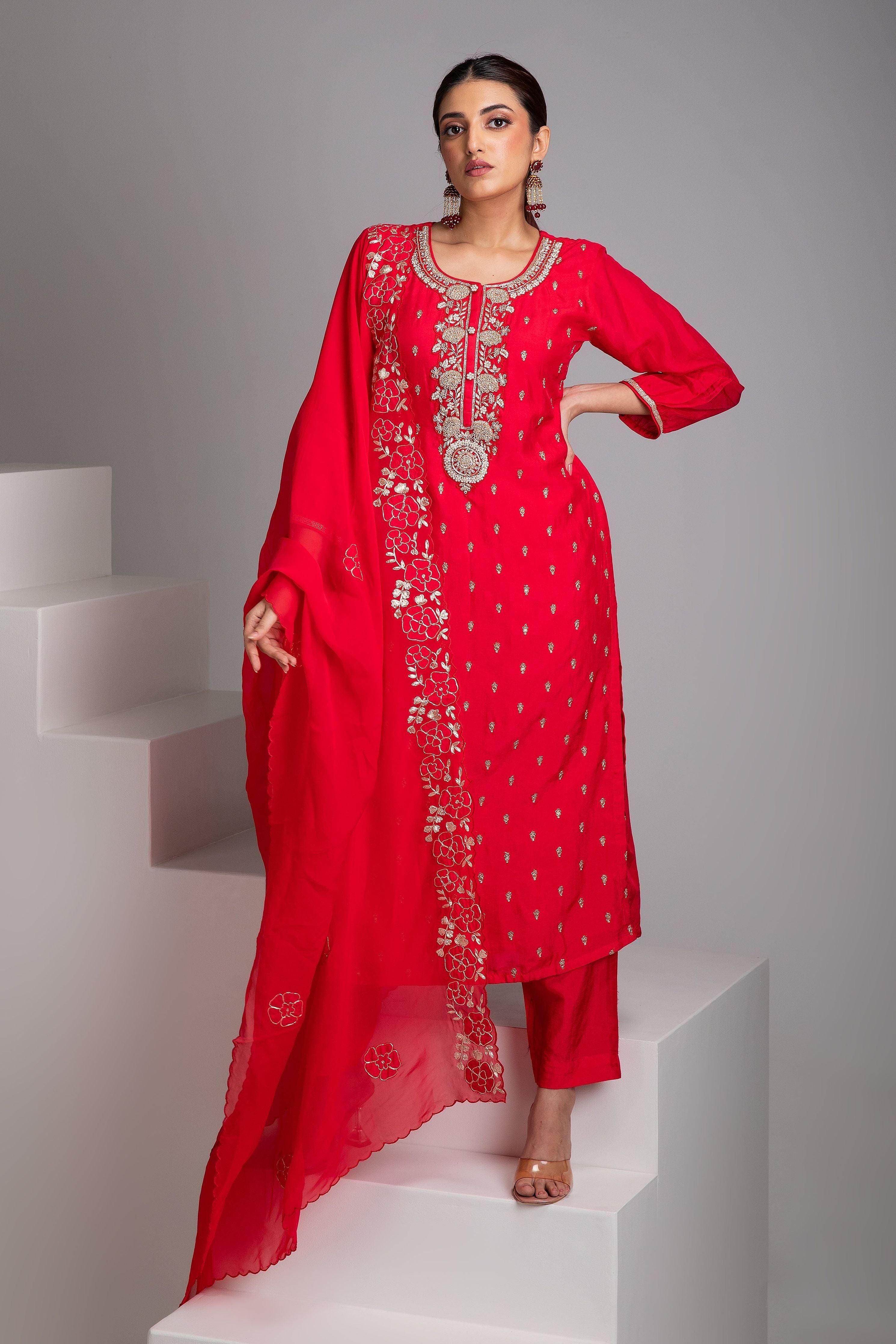 Vermilion Red Silk Kurta Set - Mokshaa