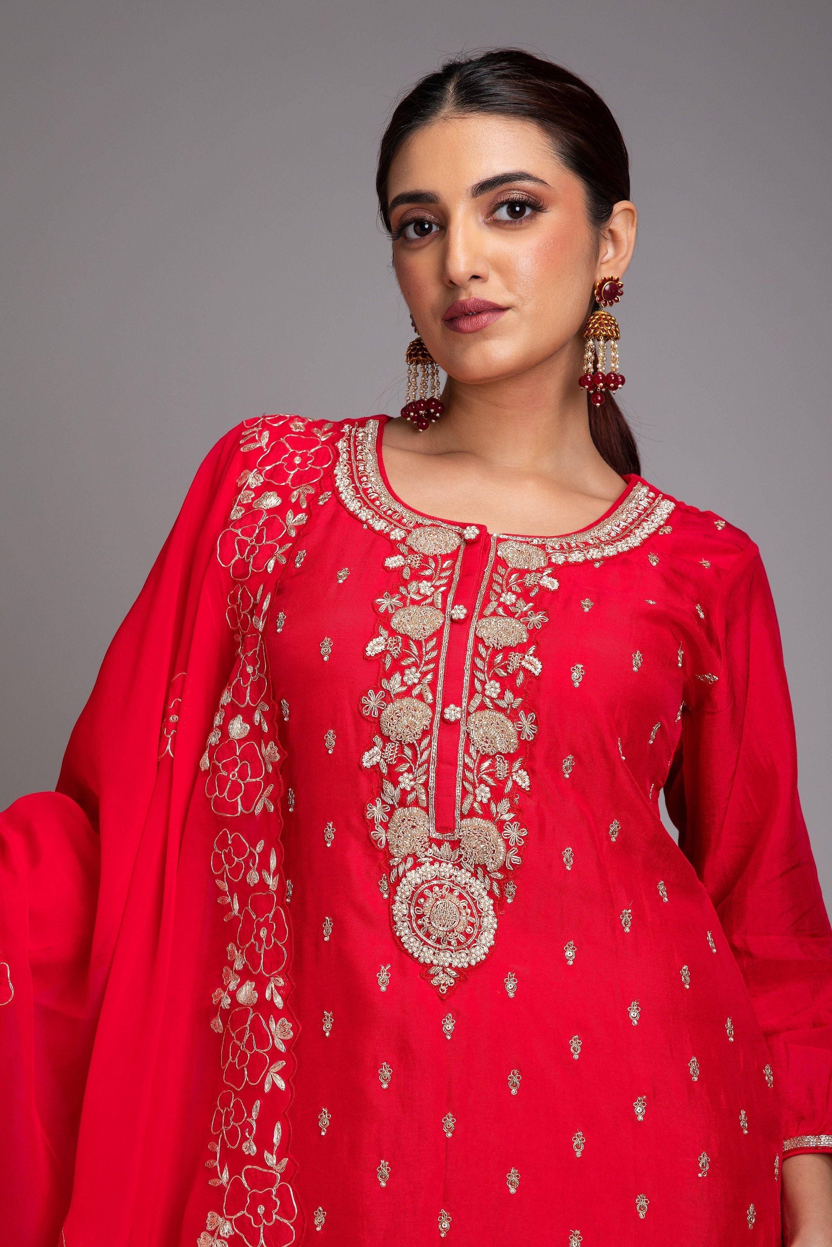 Vermilion Red Silk Kurta Set - Mokshaa