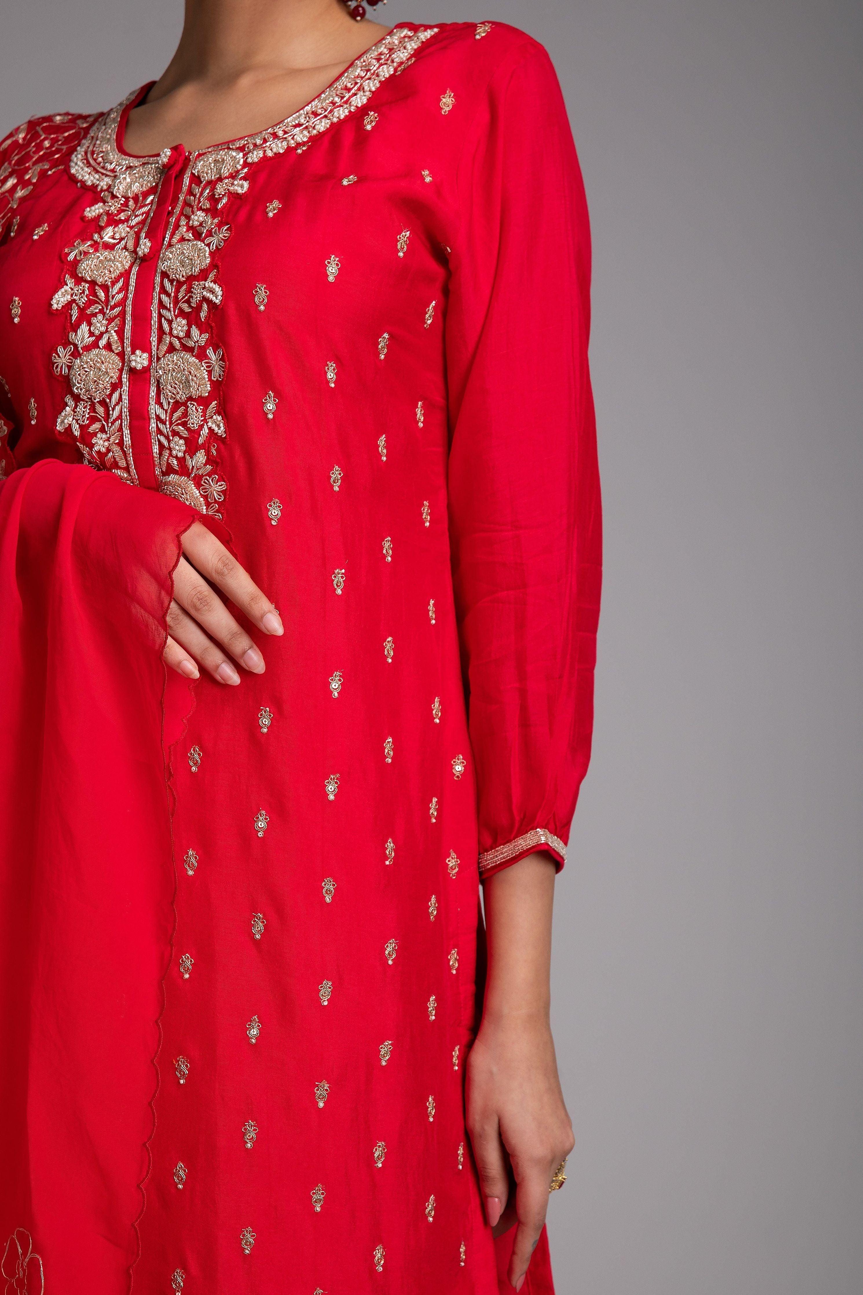 Vermilion Red Silk Kurta Set - Mokshaa