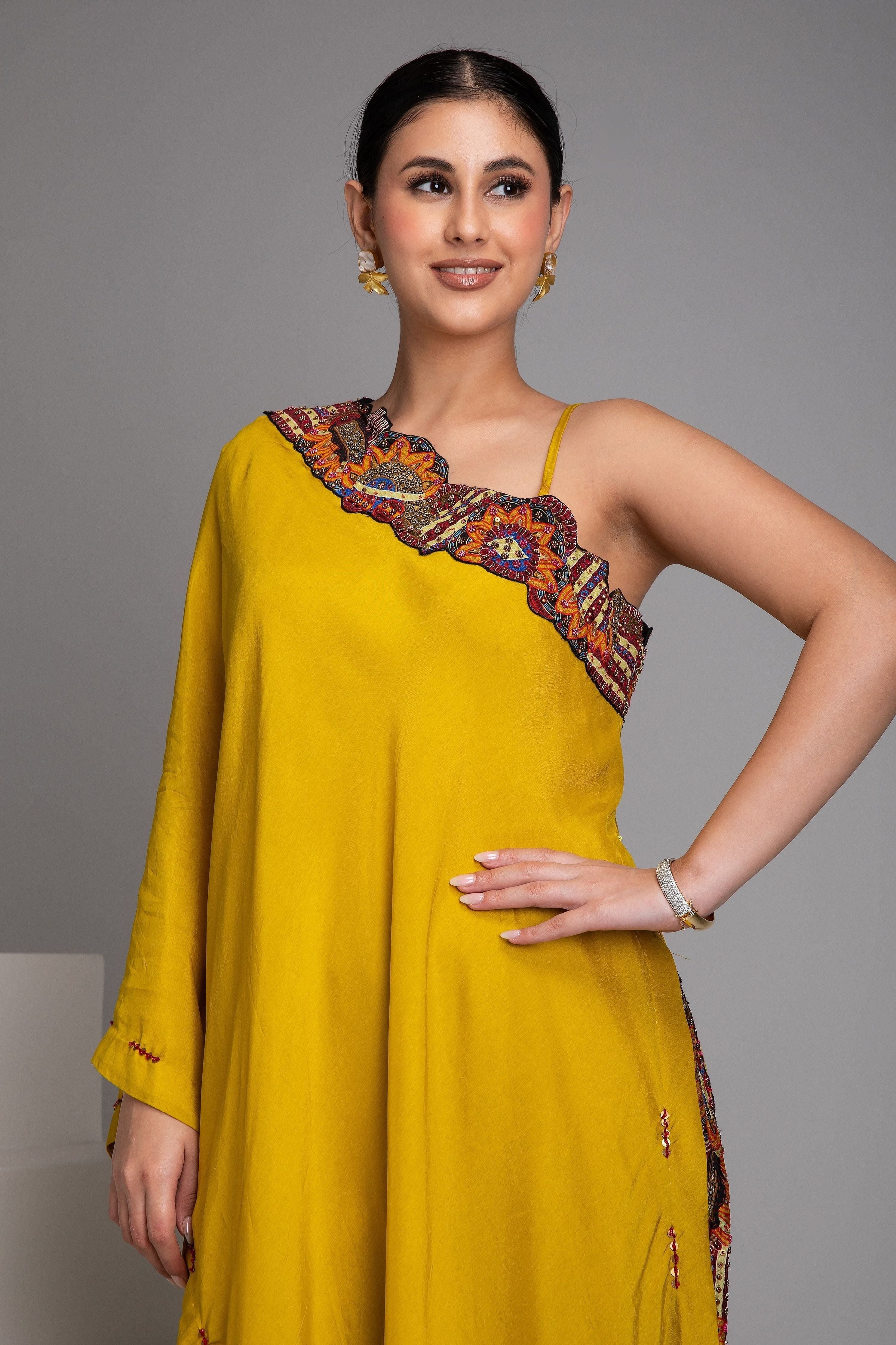 Mustard Yellow Asymmetrical Drape Set - Mokshaa
