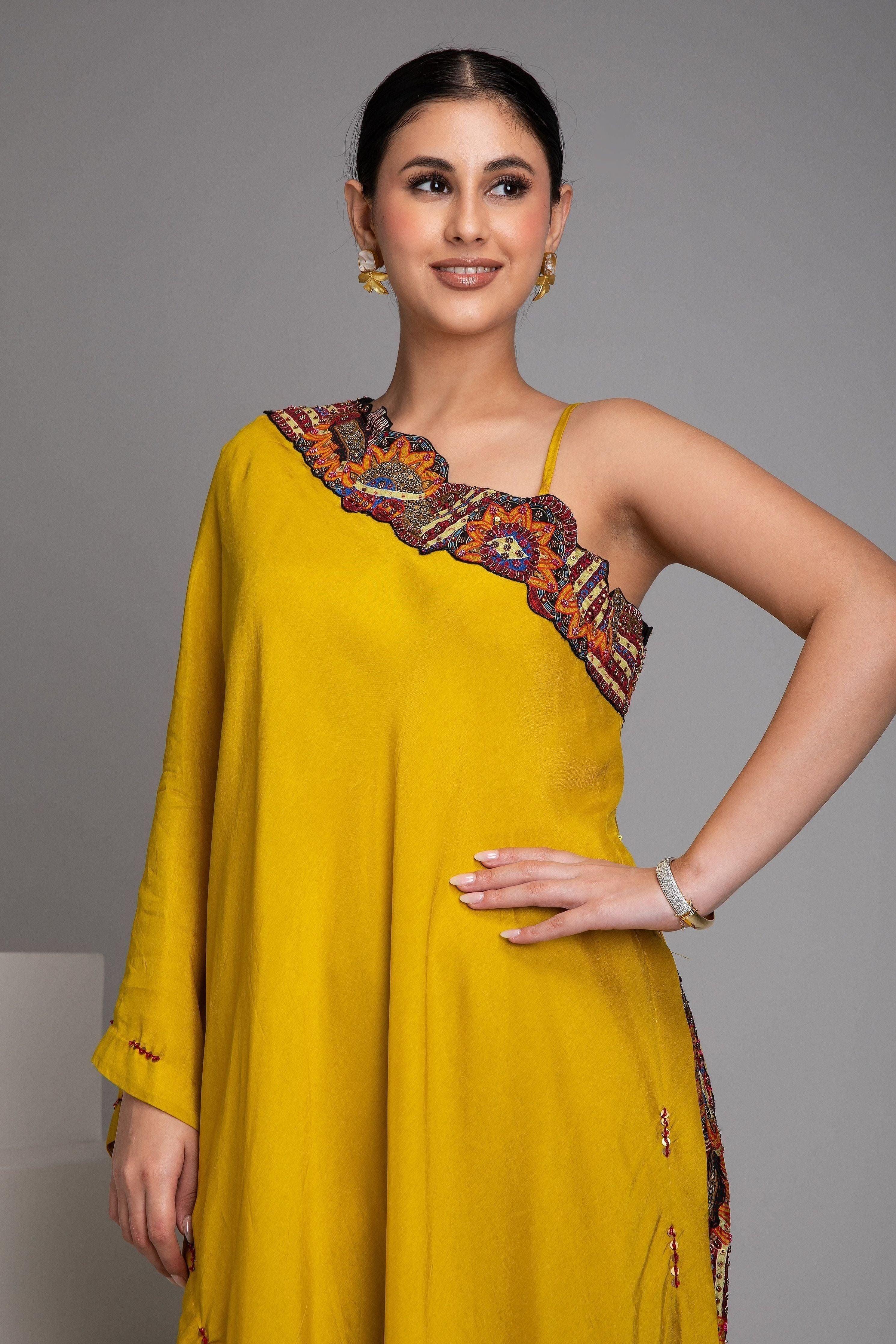 Mustard Yellow Asymmetrical Drape Set - Mokshaa