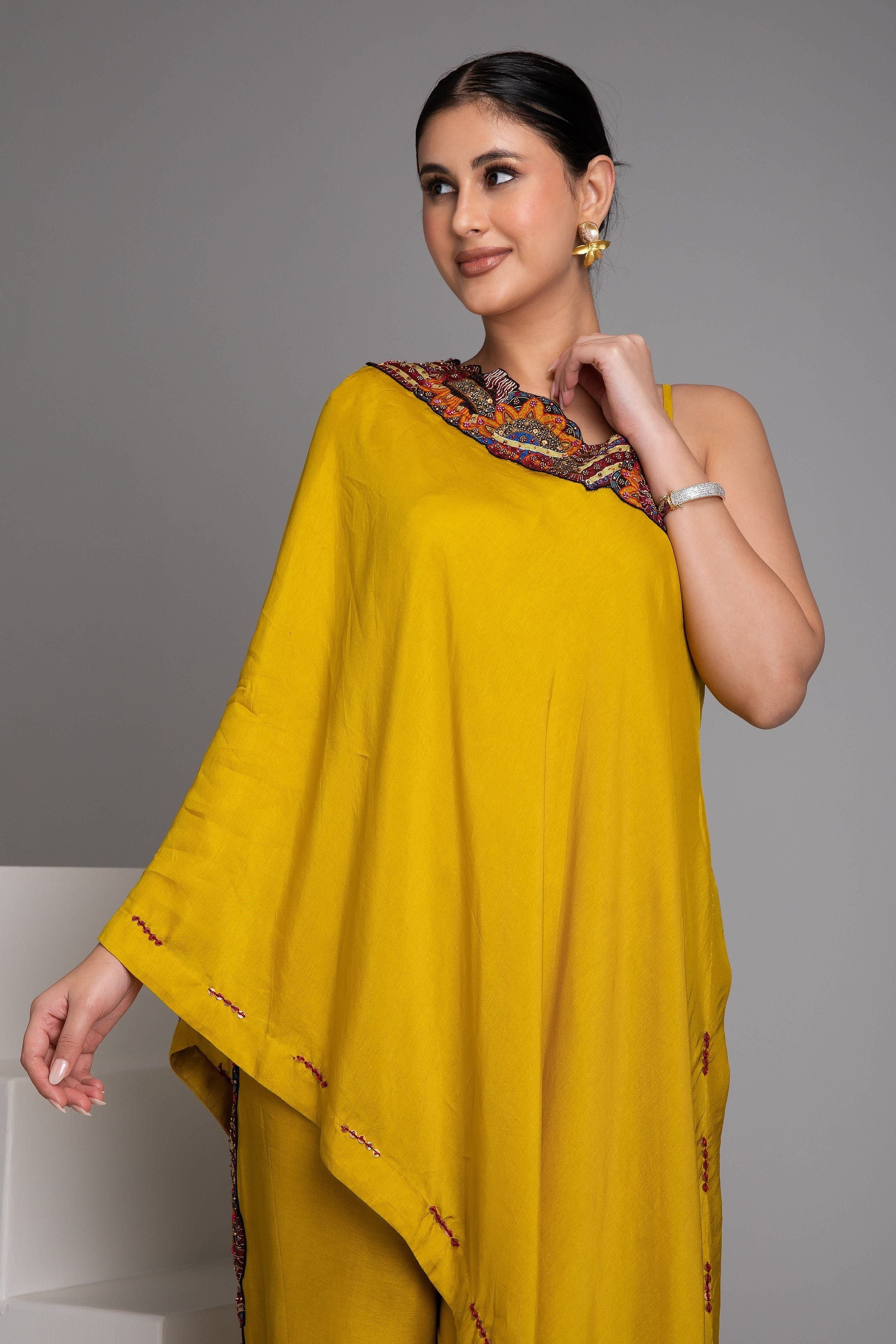 Mustard Yellow Asymmetrical Drape Set - Mokshaa