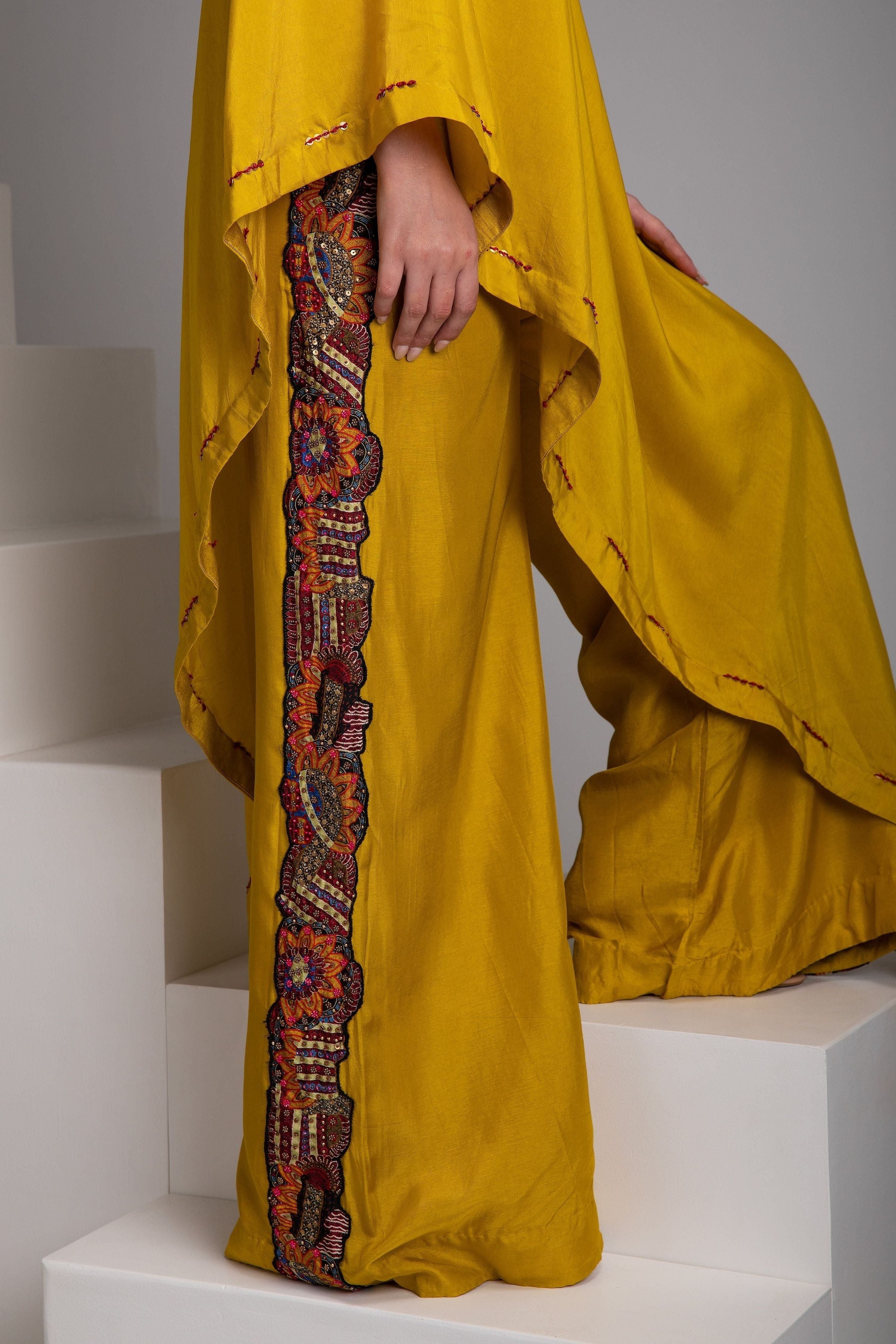 Mustard Yellow Asymmetrical Drape Set - Mokshaa