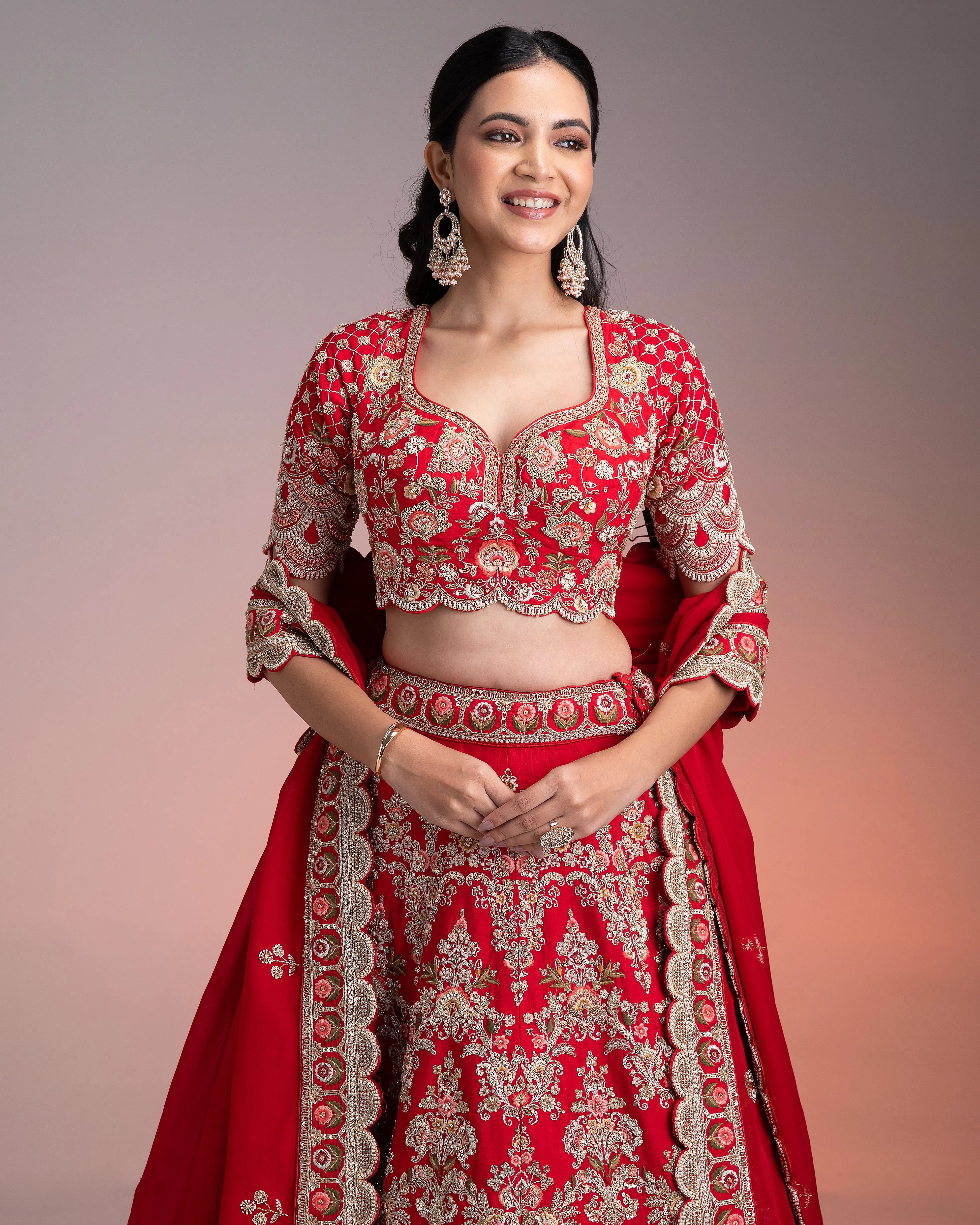 Red Silk Lehenga Set with Multicolor Threadwork Mokshaa