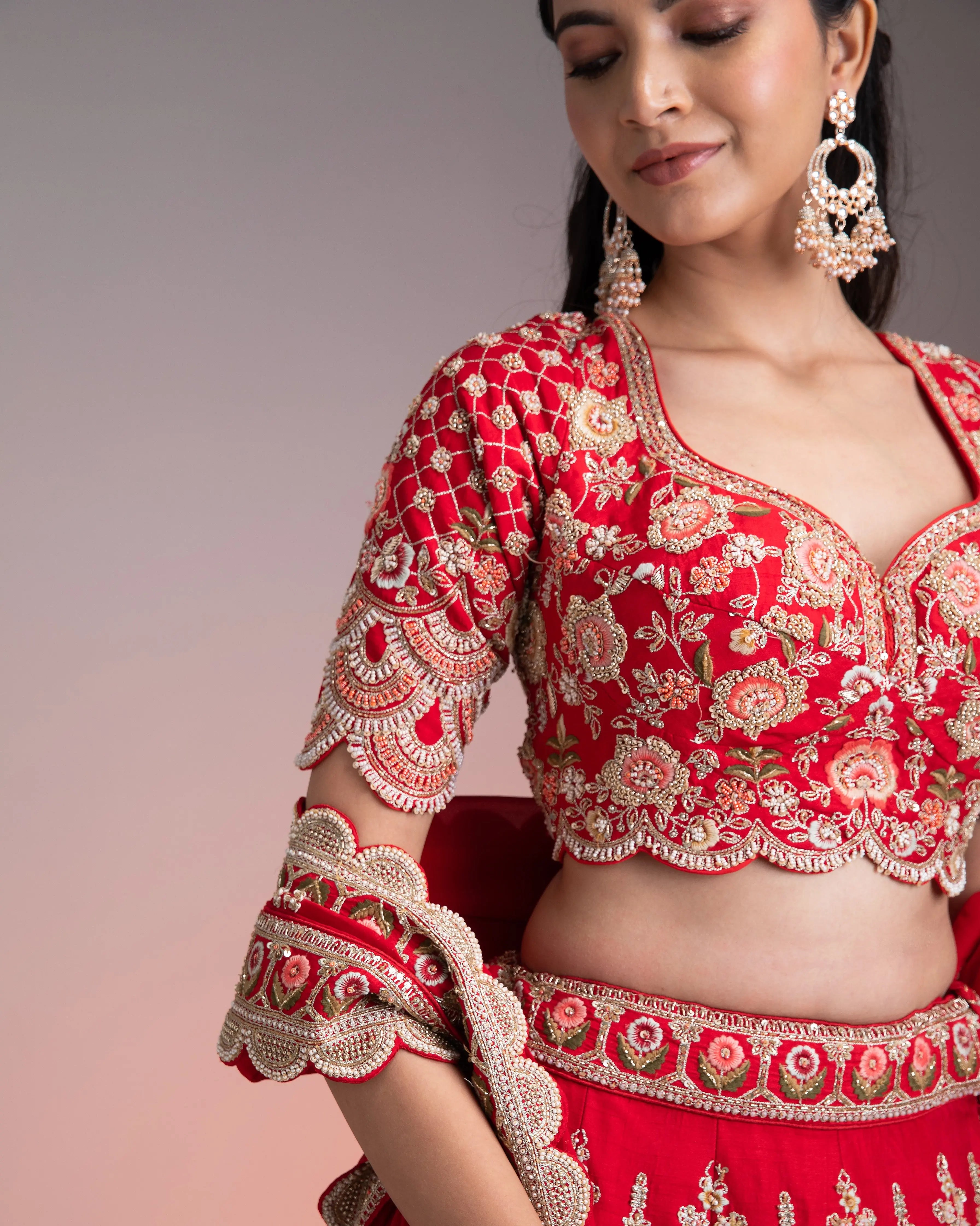 Red Silk Lehenga Set with Multicolor Threadwork Mokshaa