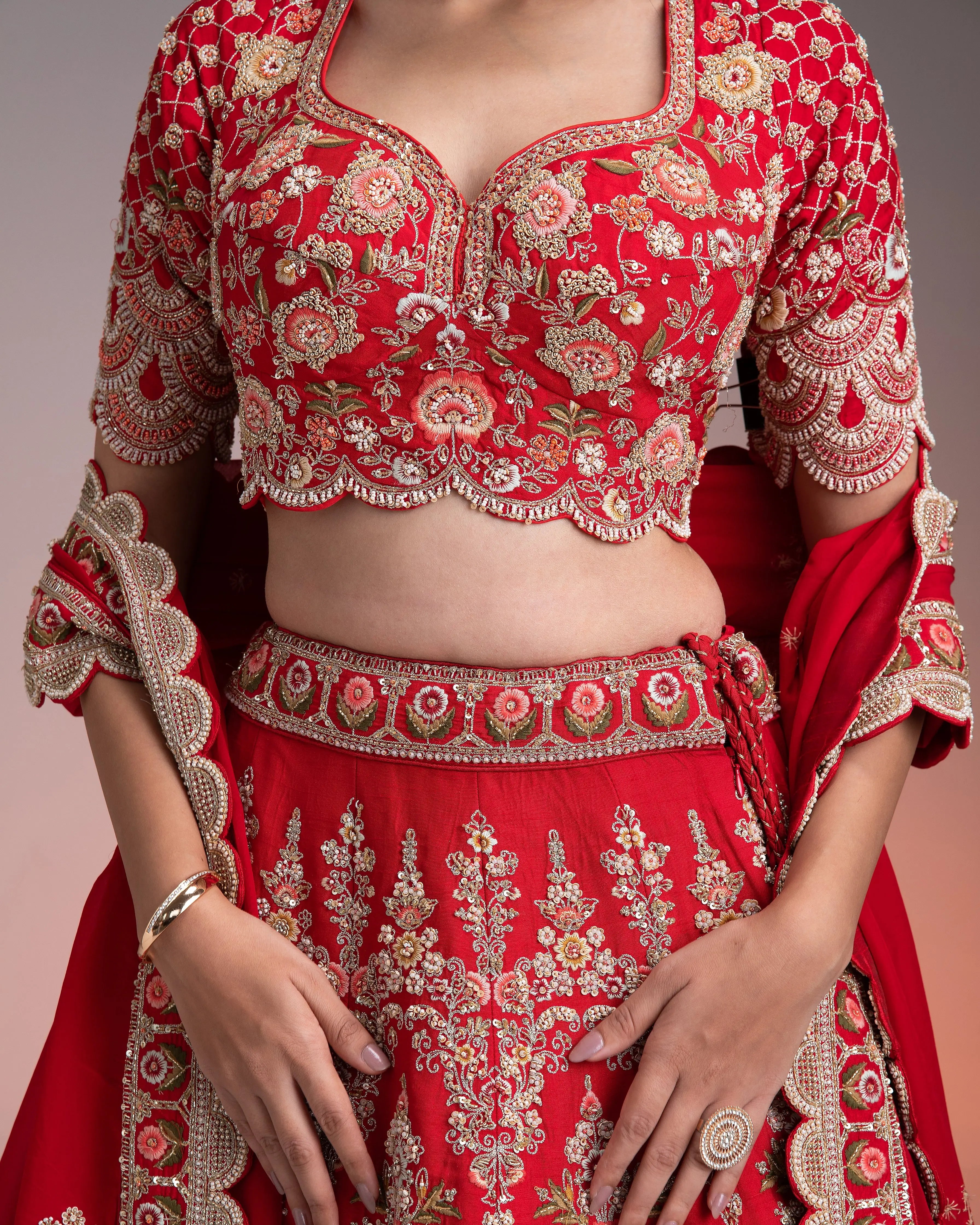 Red Silk Lehenga Set with Multicolor Threadwork Mokshaa