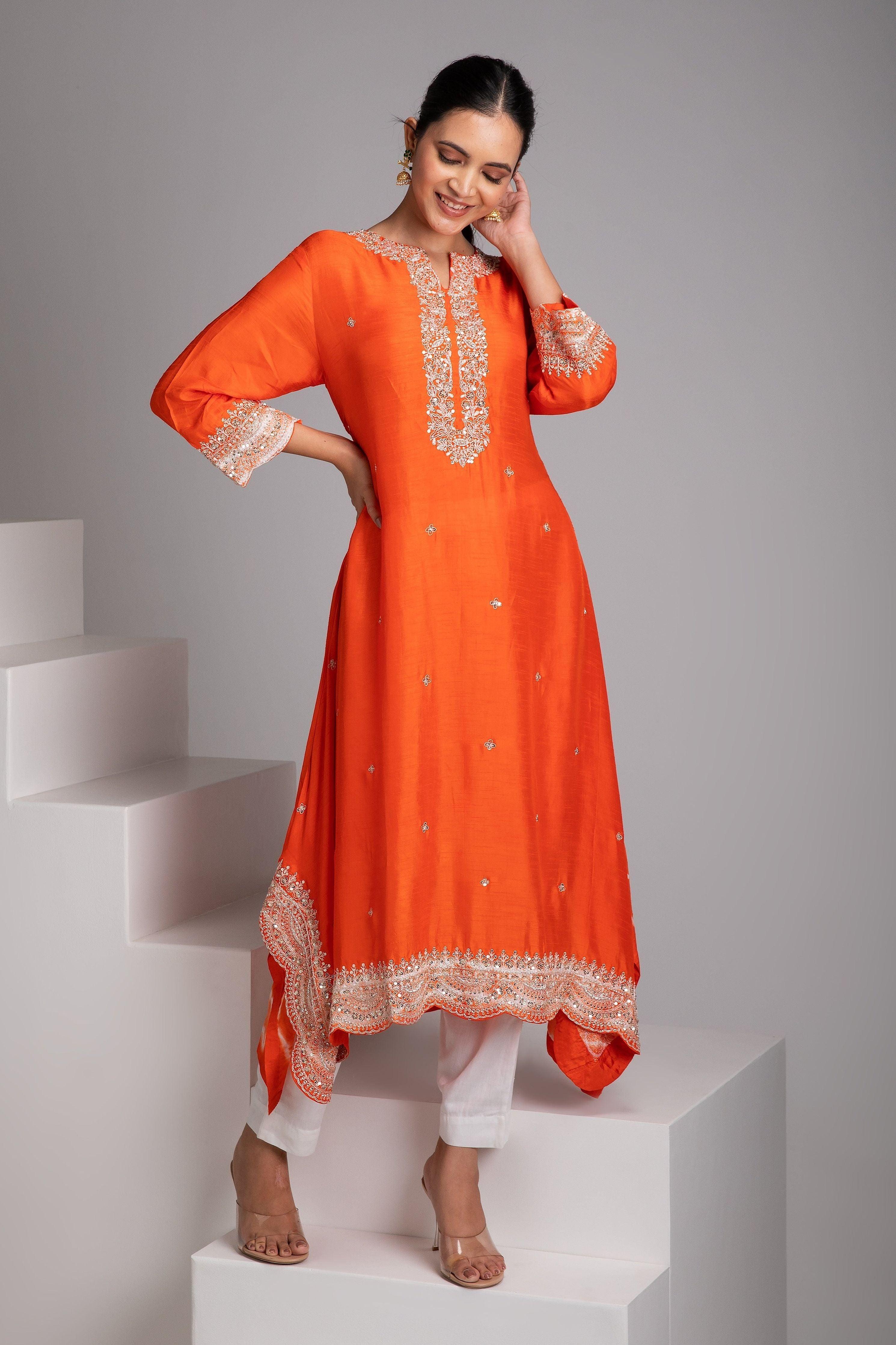 Orange Embroidered Kurta Set - Mokshaa