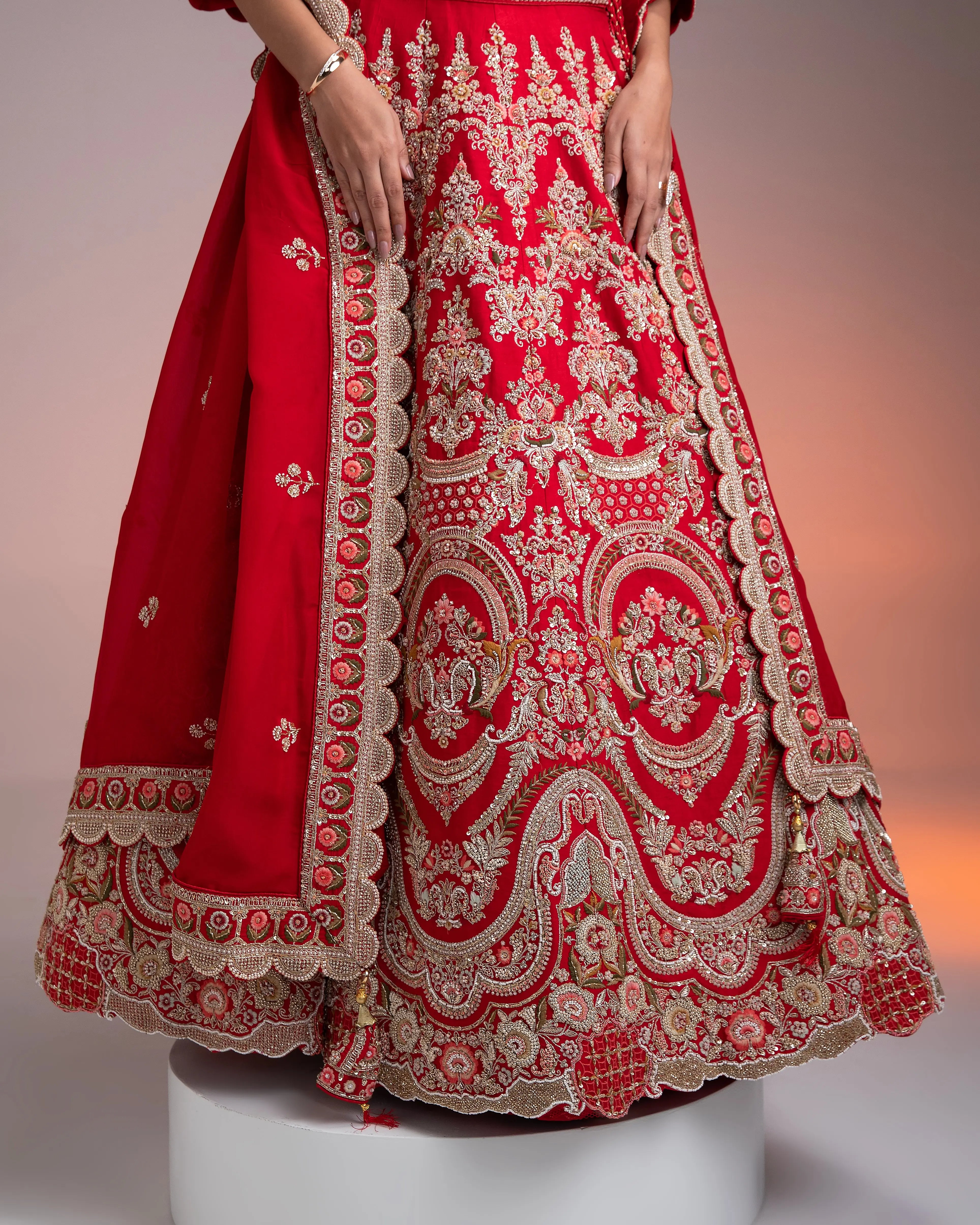 Red Silk Lehenga Set with Multicolor Threadwork Mokshaa