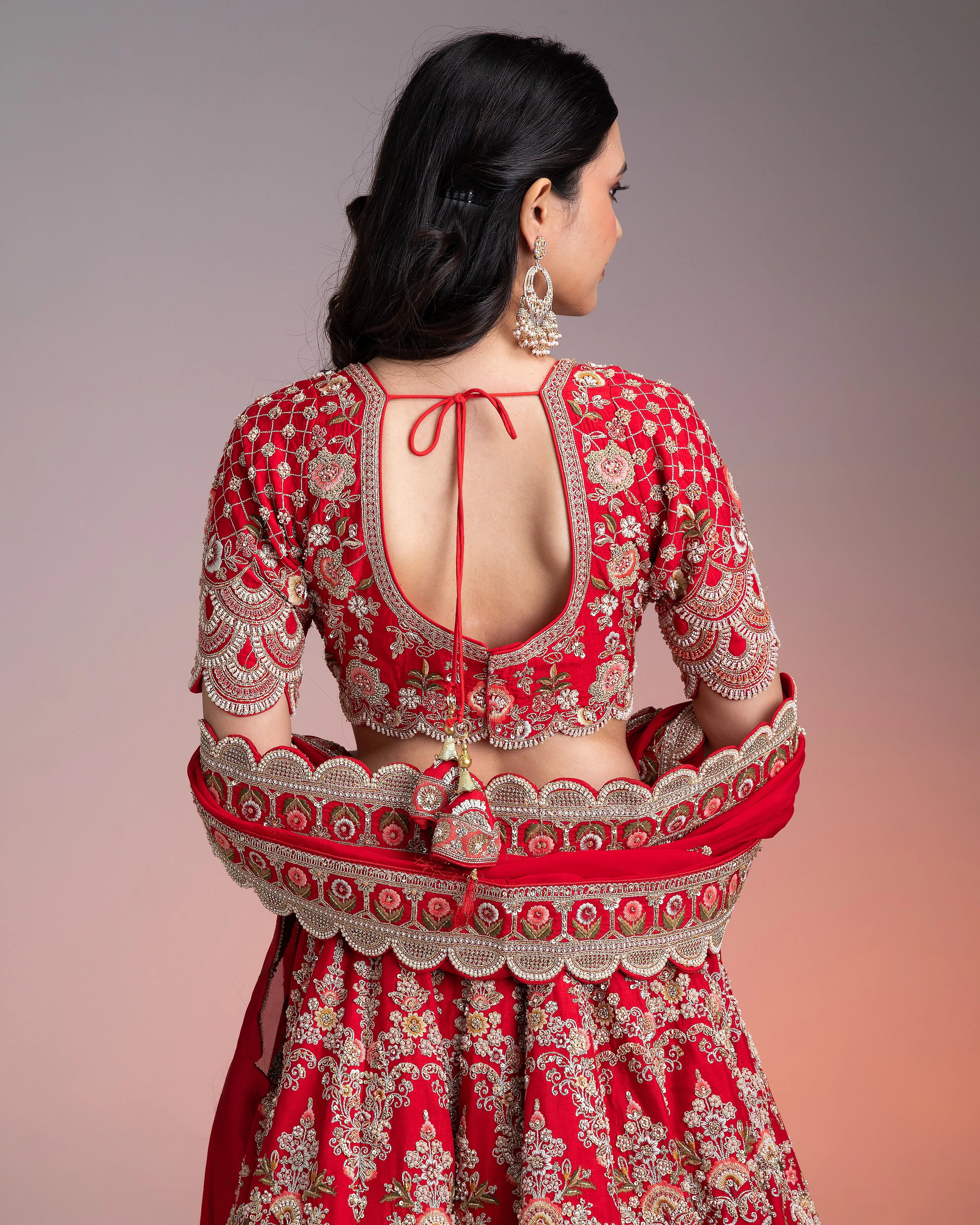 Red Silk Lehenga Set with Multicolor Threadwork Mokshaa