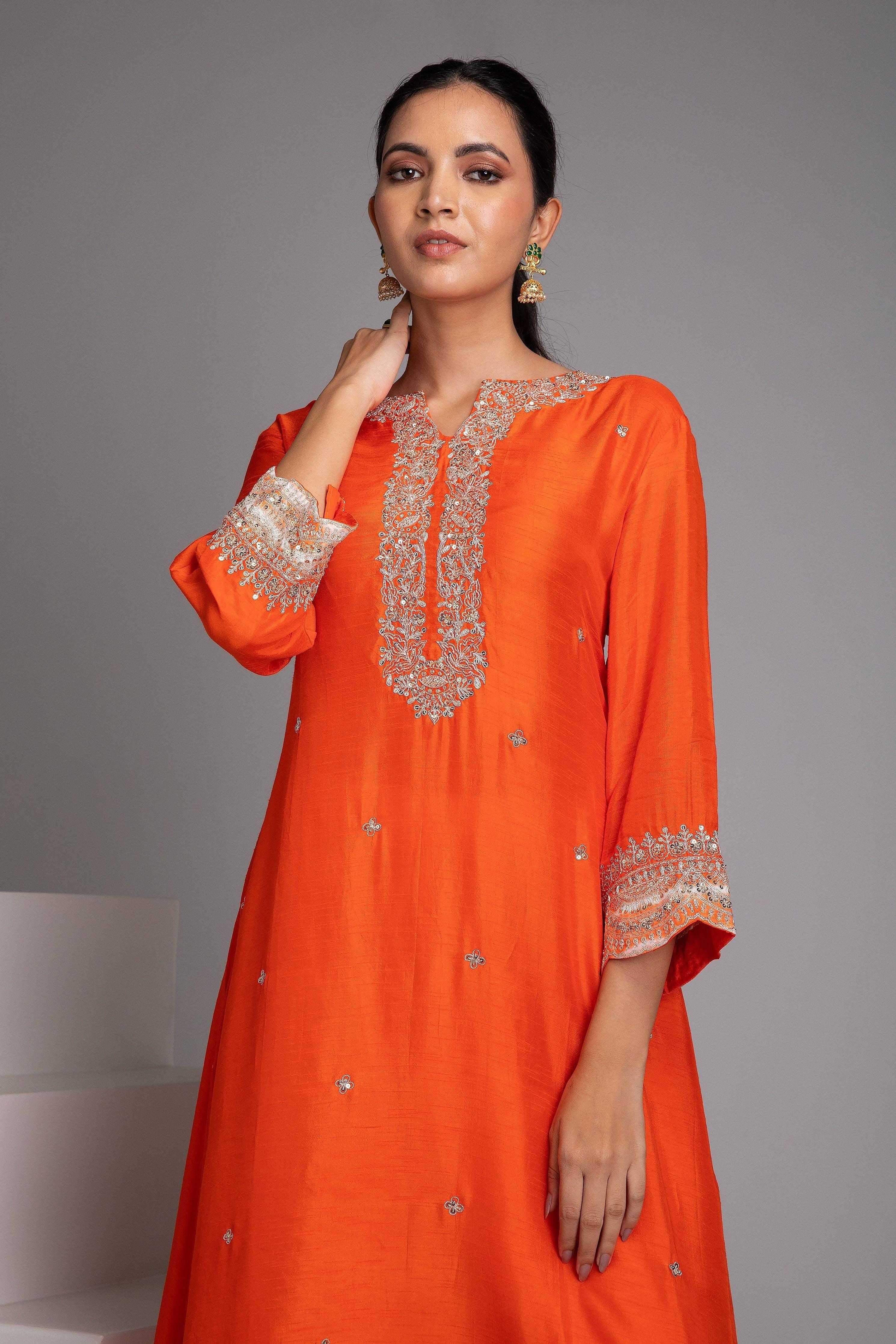 Orange Embroidered Kurta Set - Mokshaa