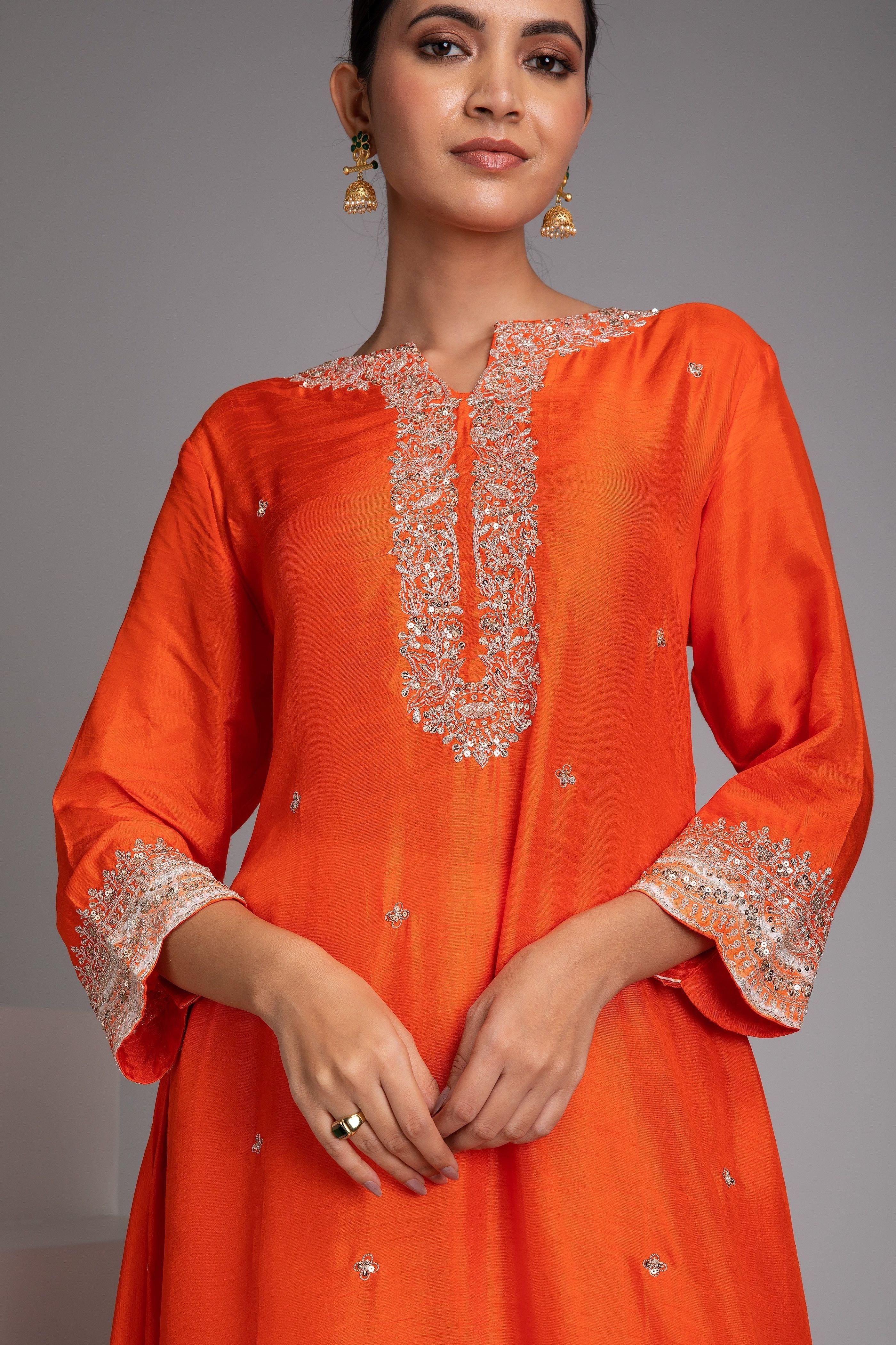 Orange Embroidered Kurta Set - Mokshaa