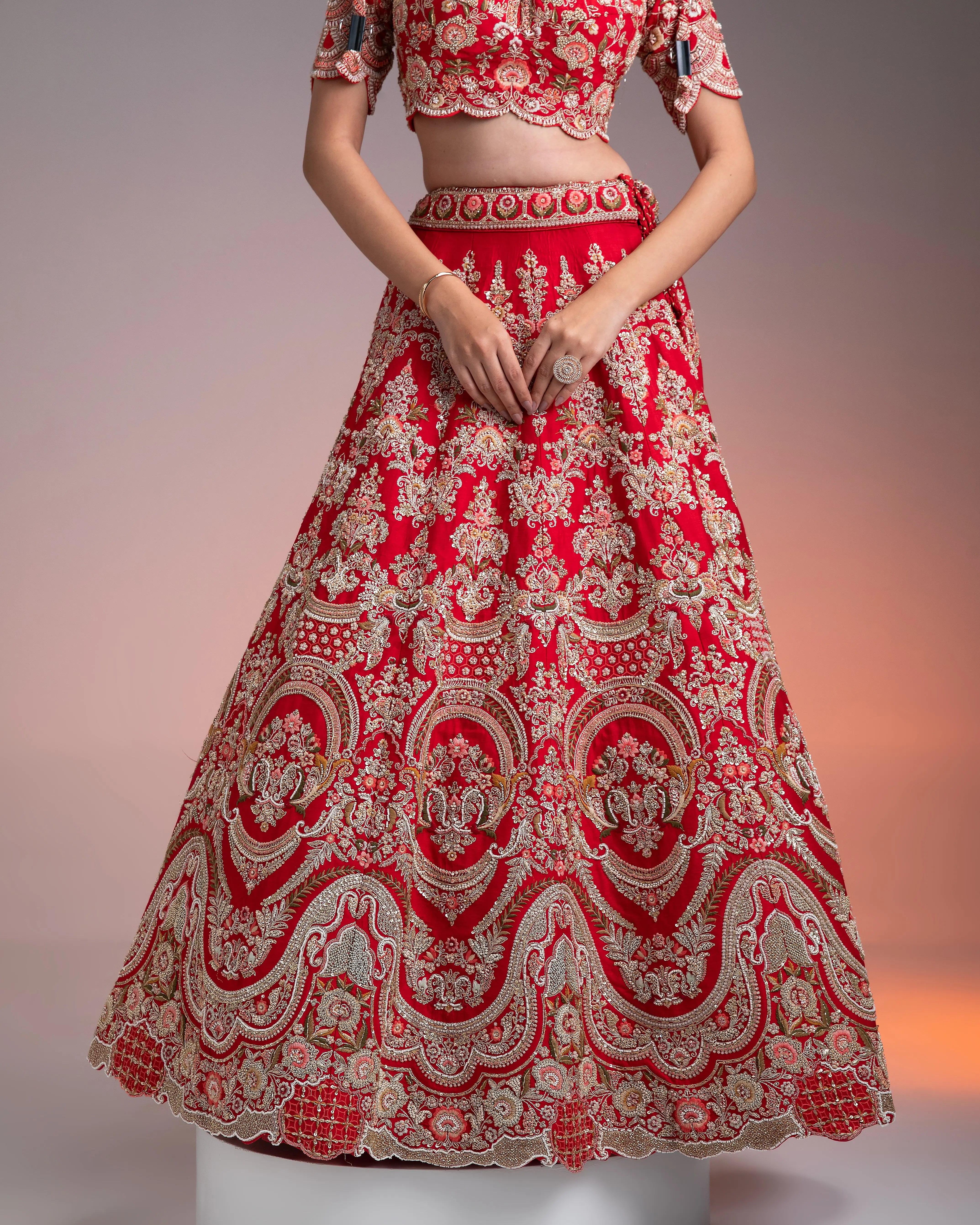 Red Silk Lehenga Set with Multicolor Threadwork Mokshaa