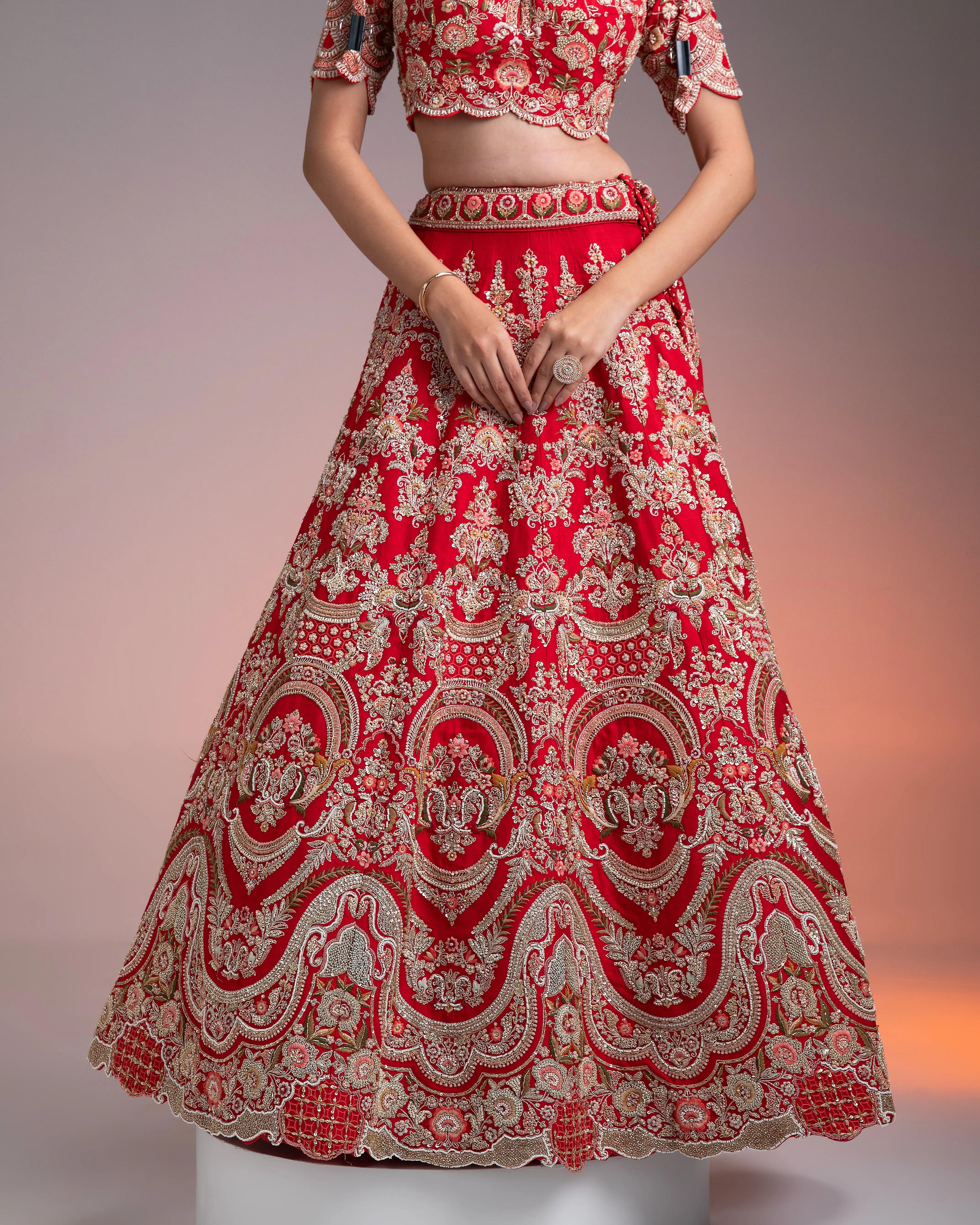 Red Silk Lehenga Set with Multicolor Threadwork  Mokshaa