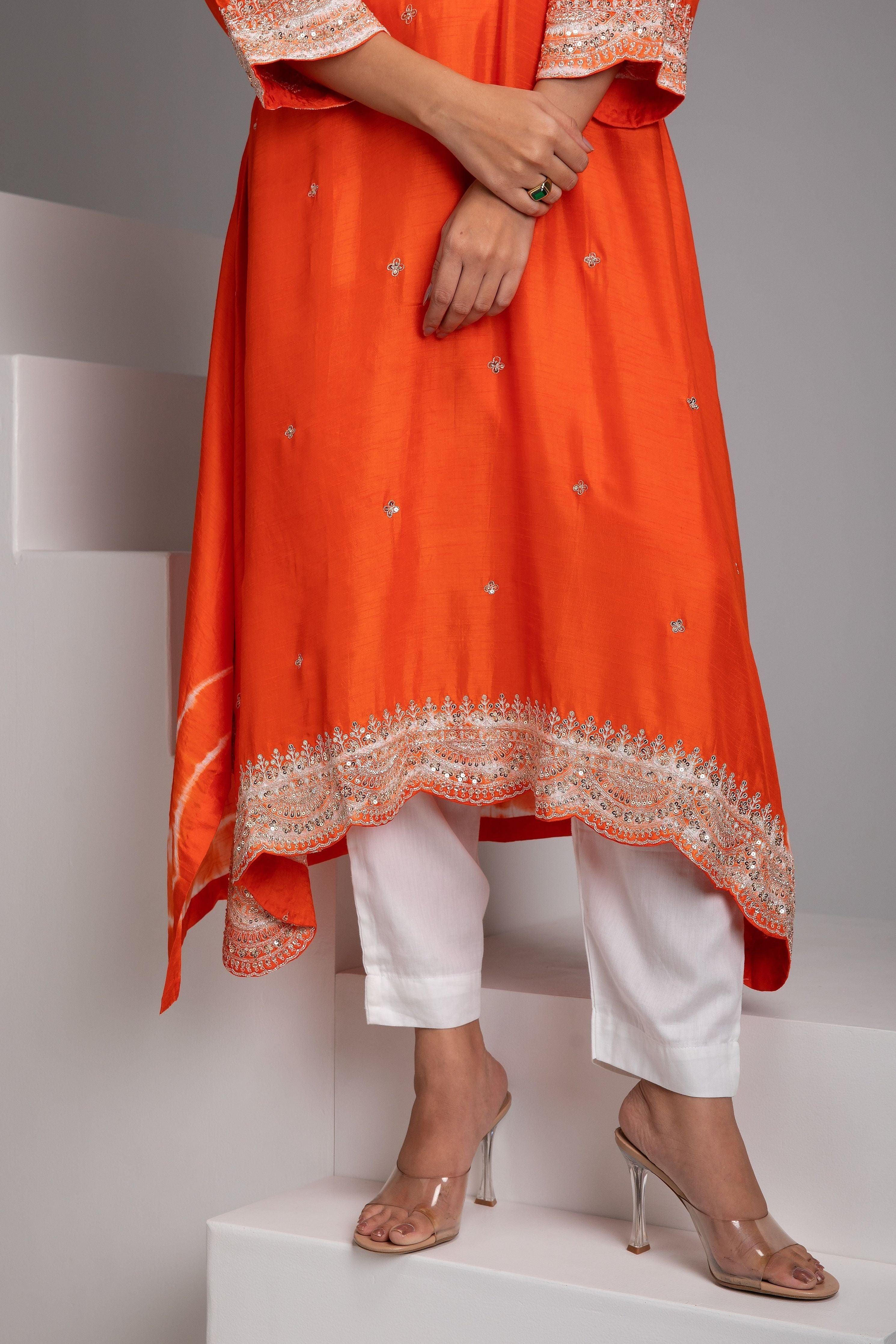 Orange Embroidered Kurta Set - Mokshaa
