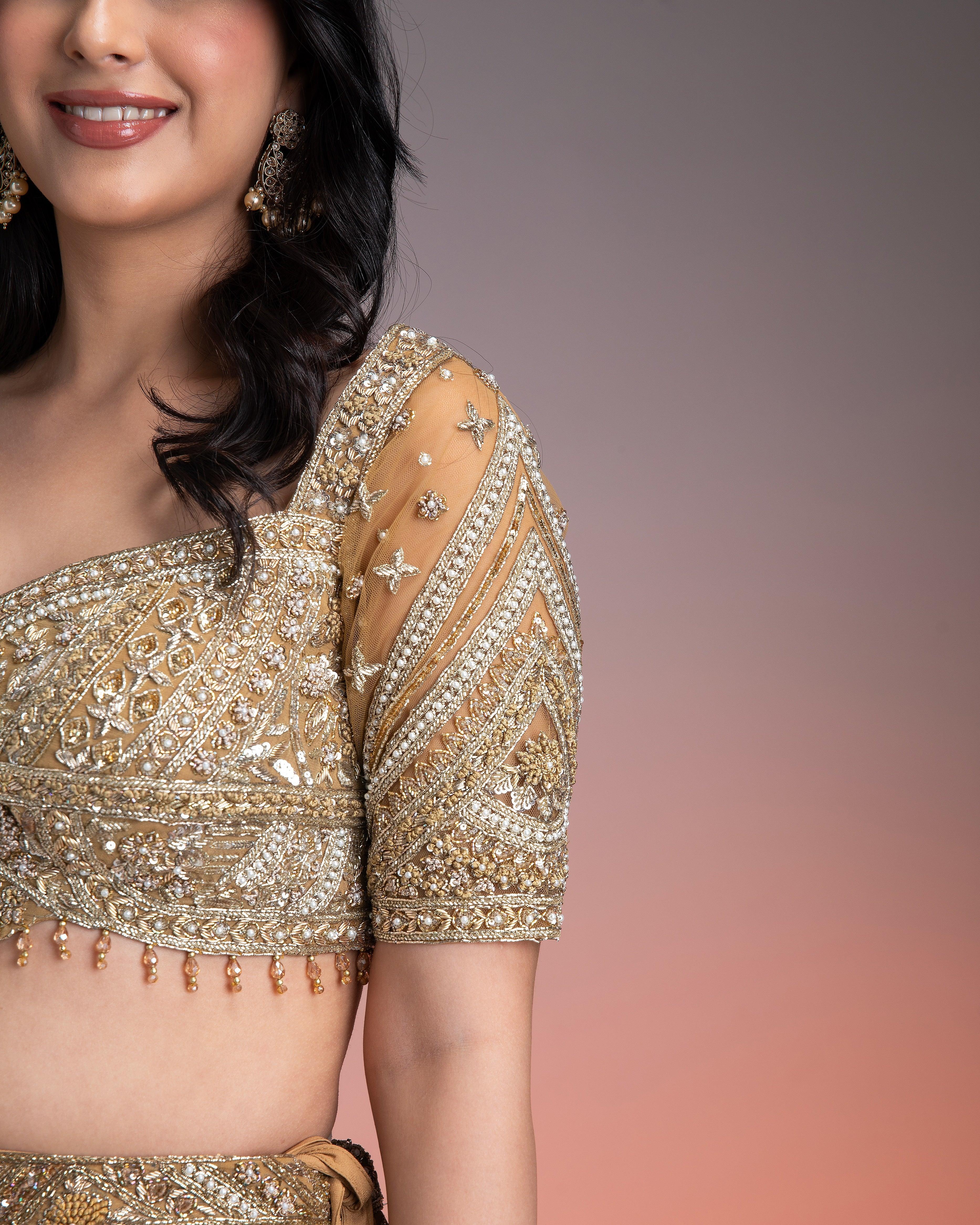Golden Net Lehenga Set with Intricate Sequin and Thread Embroidery - Mokshaa