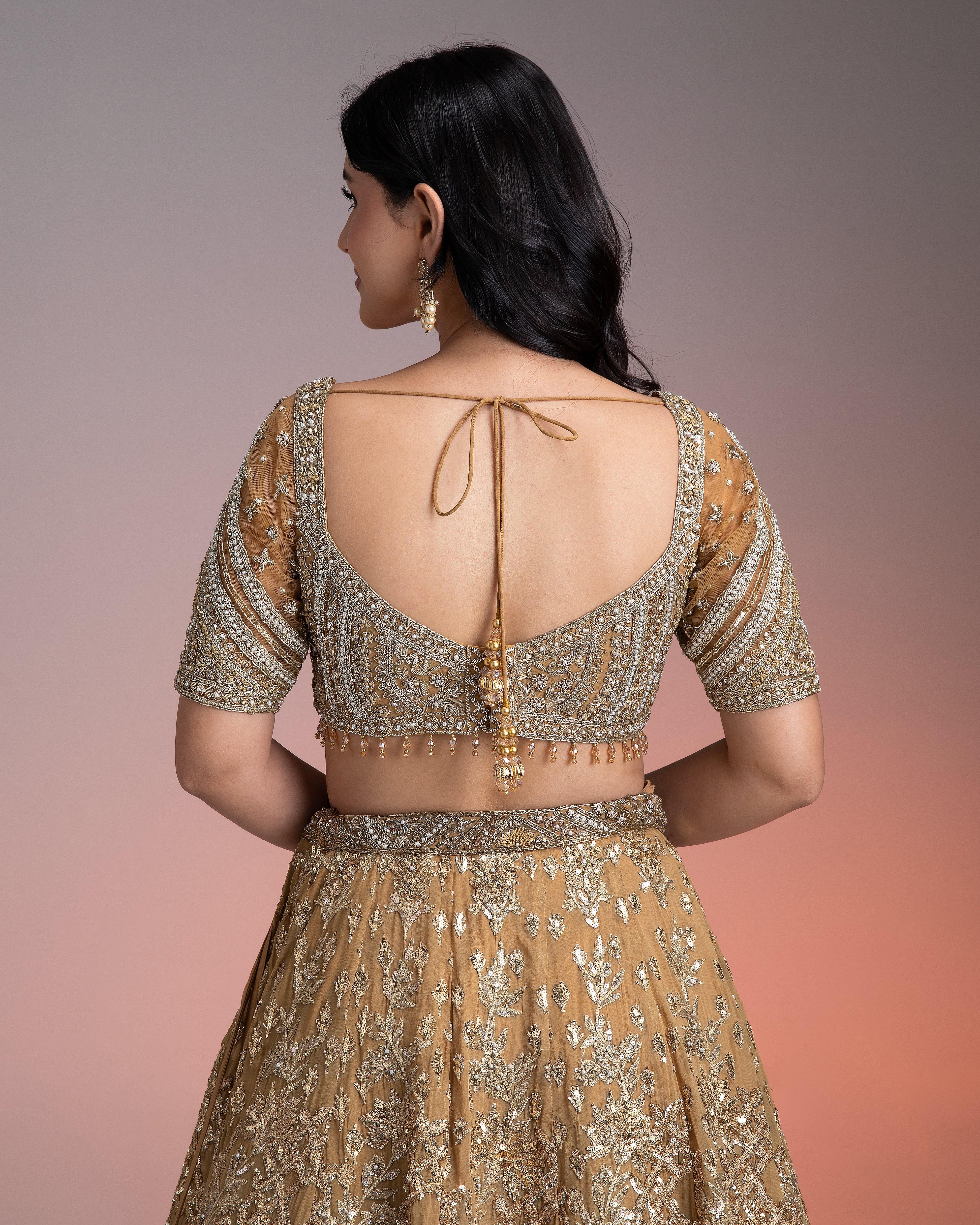 Golden Net Lehenga Set with Intricate Sequin and Thread Embroidery - Mokshaa