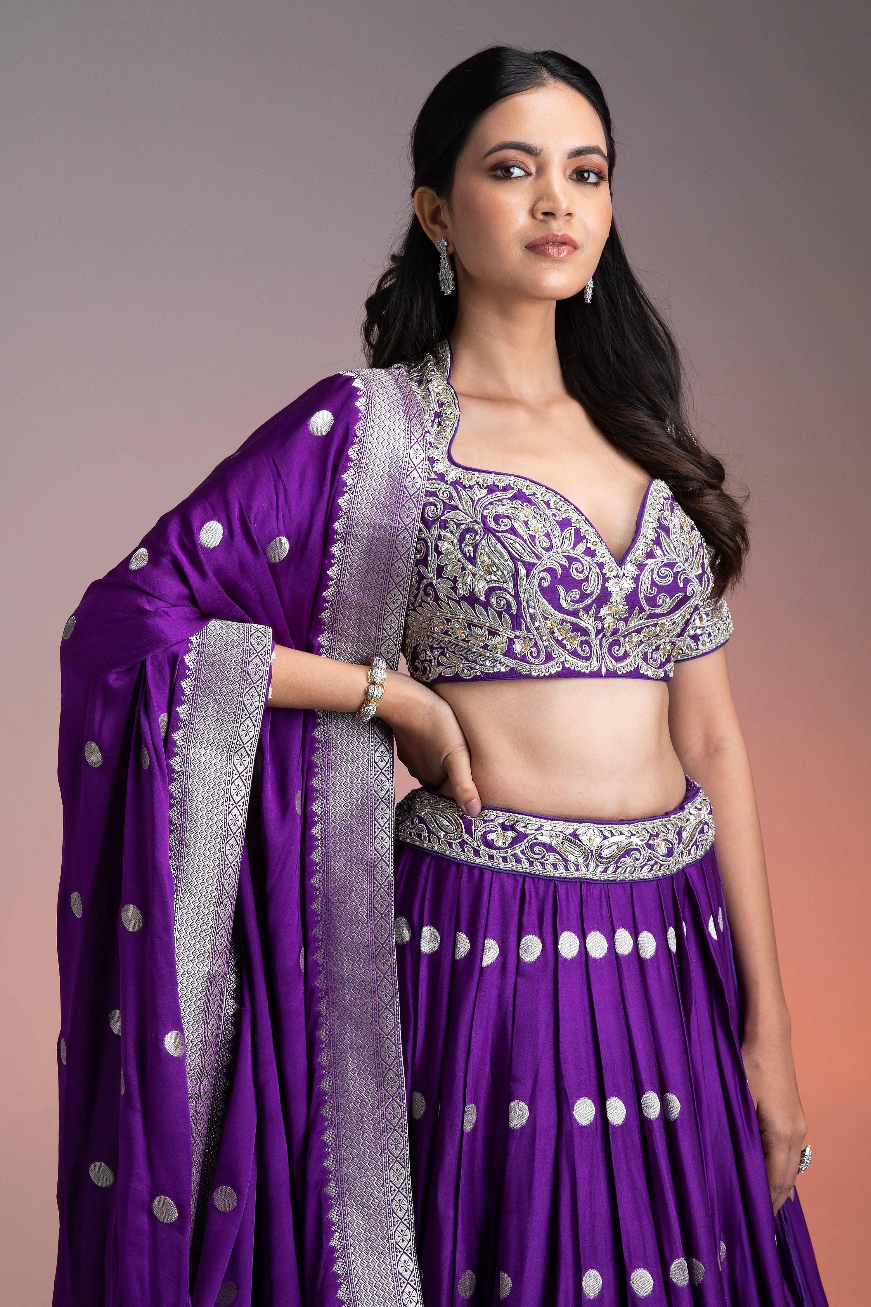 Deep Purple Silk Lehenga with Silver Brocade and Banarasi Dupatta Mokshaa